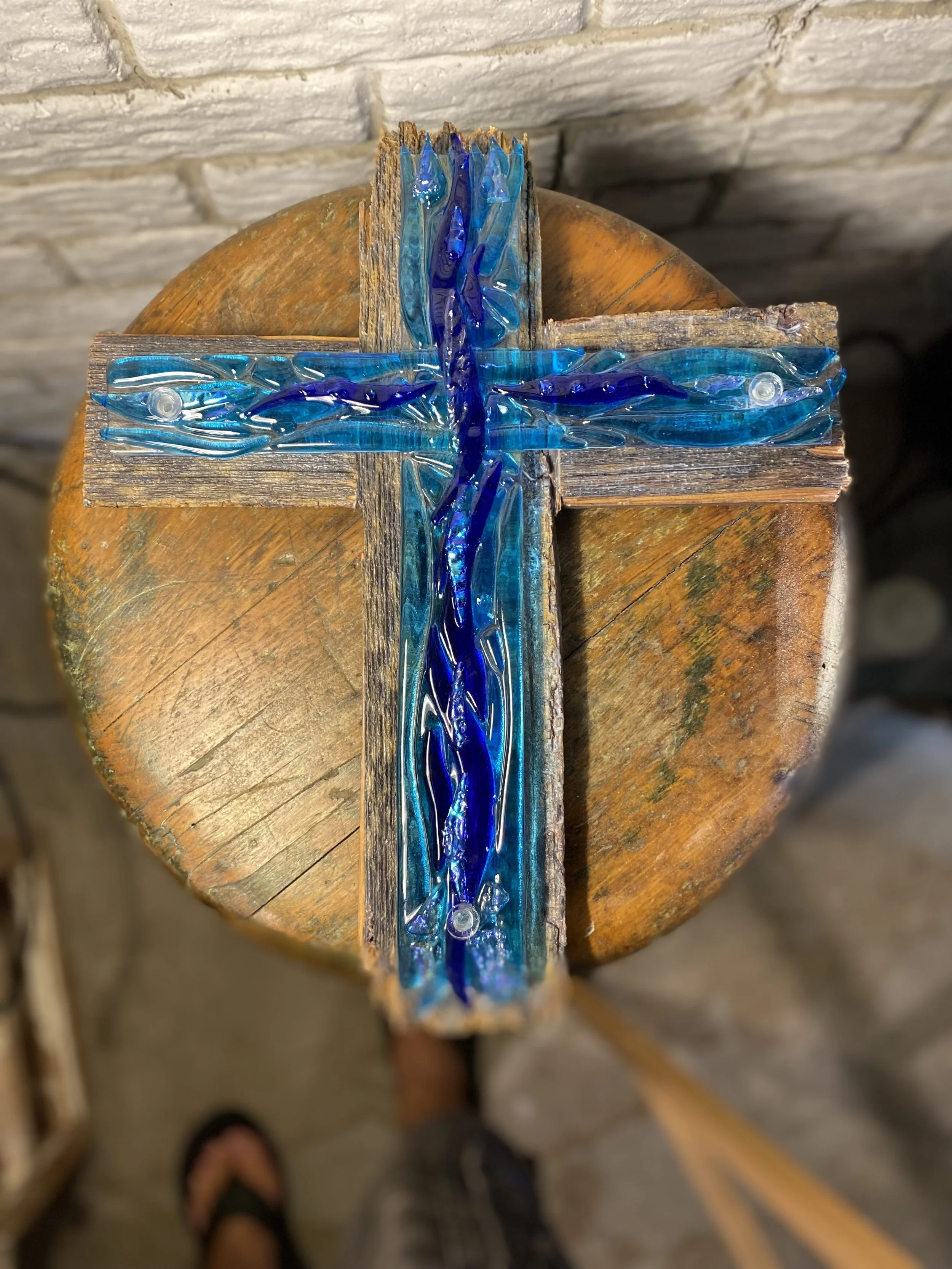 Fused glass cross on wood - $100