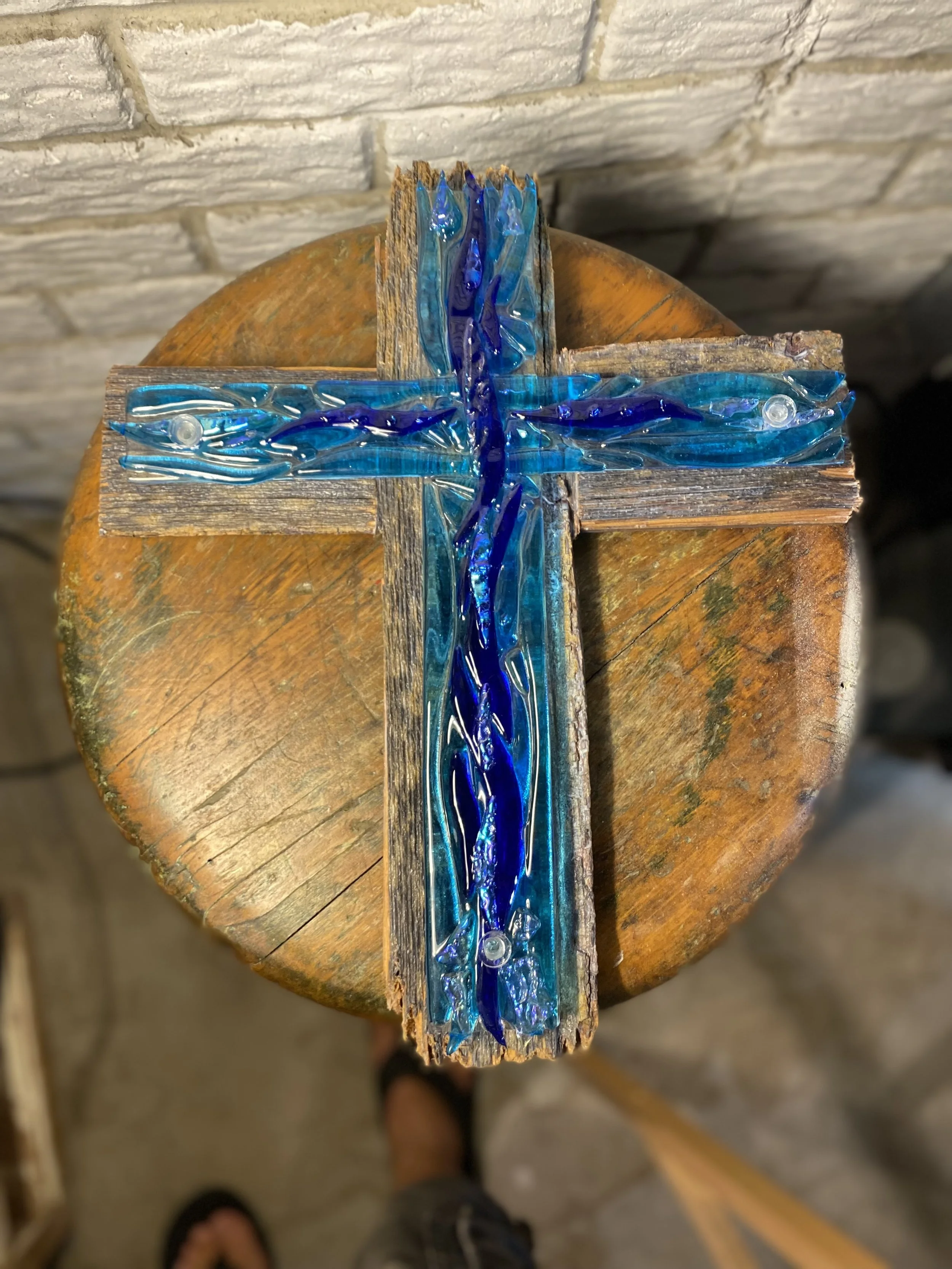 Fused glass cross on wood - $100