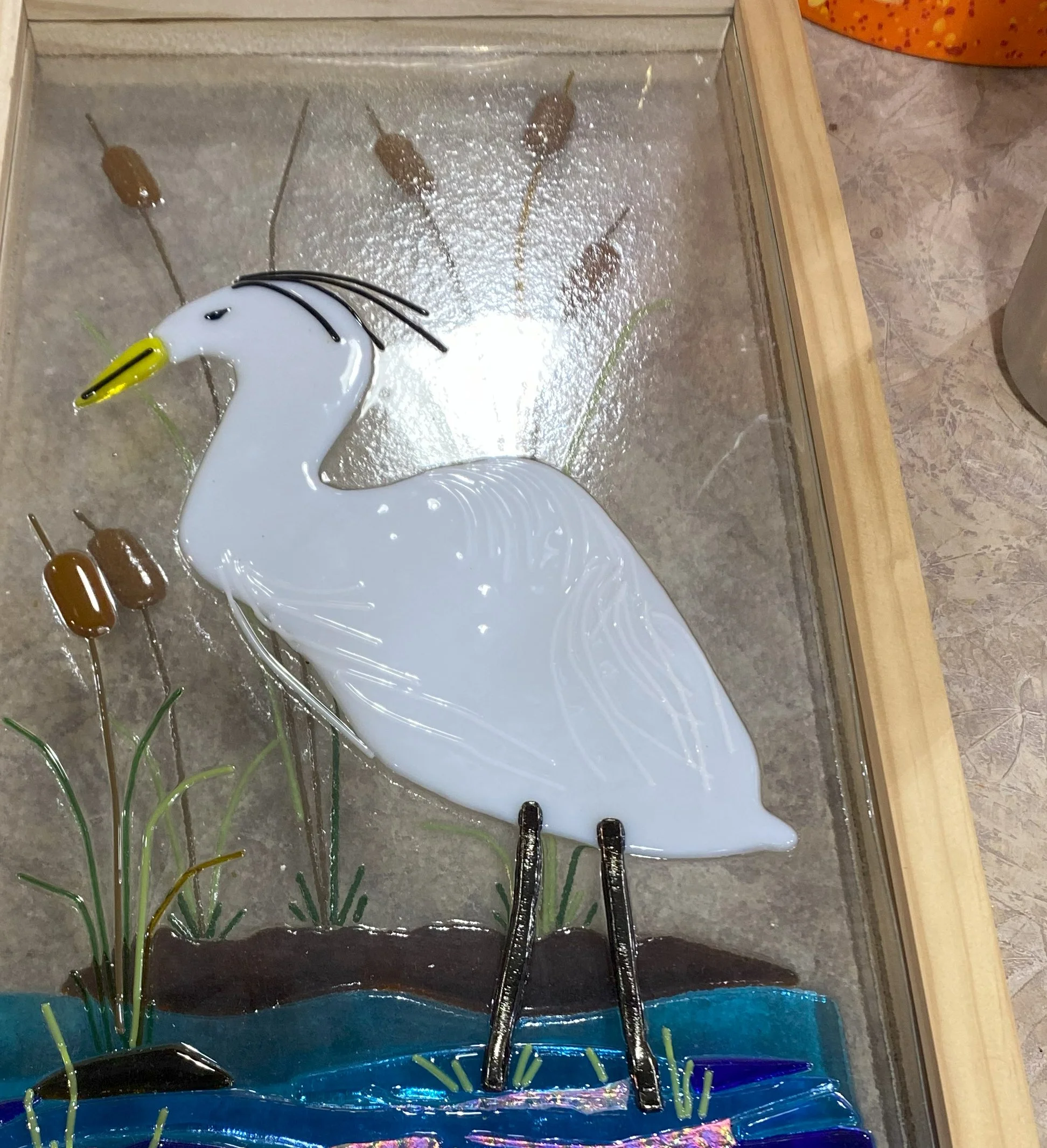 White Egret - This is a two pane glass piece. Custom frame 18 x 13  $200