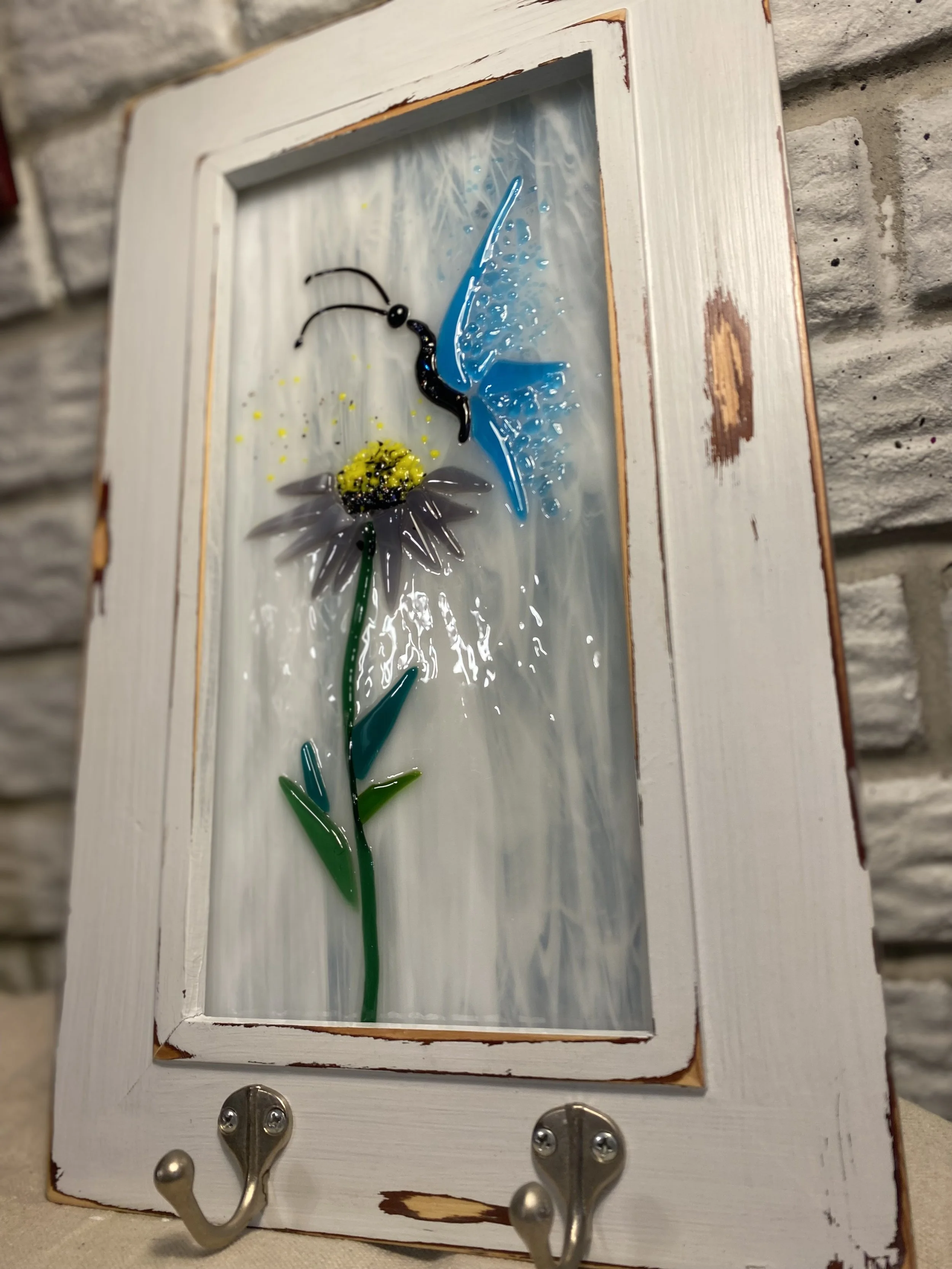 Butterfly - Glass Fusion with hangers on frame.  16 x 9.3/4   $100