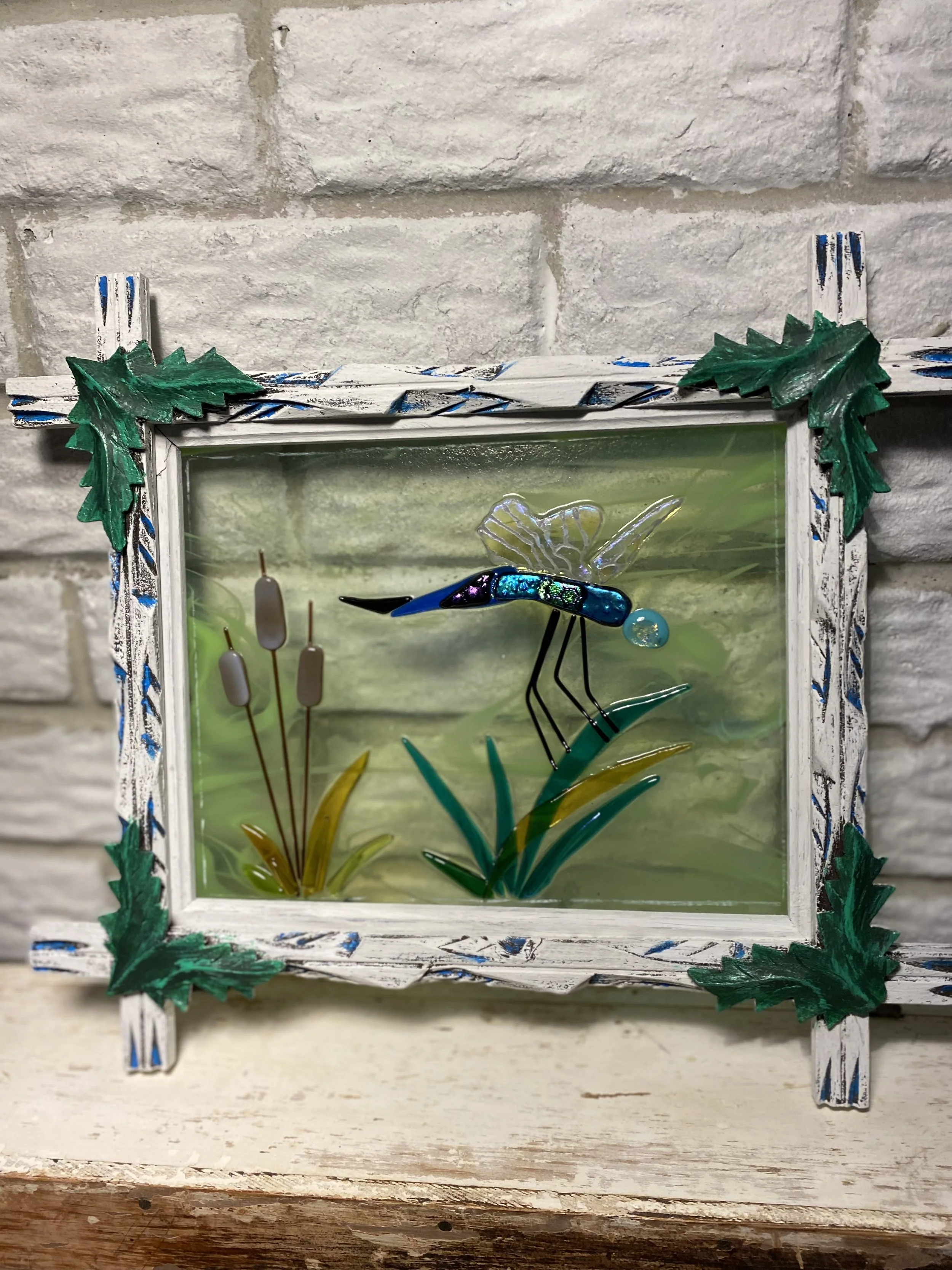 Dragonfly - Glass fusion in frame 15.5 x 13.5 $100