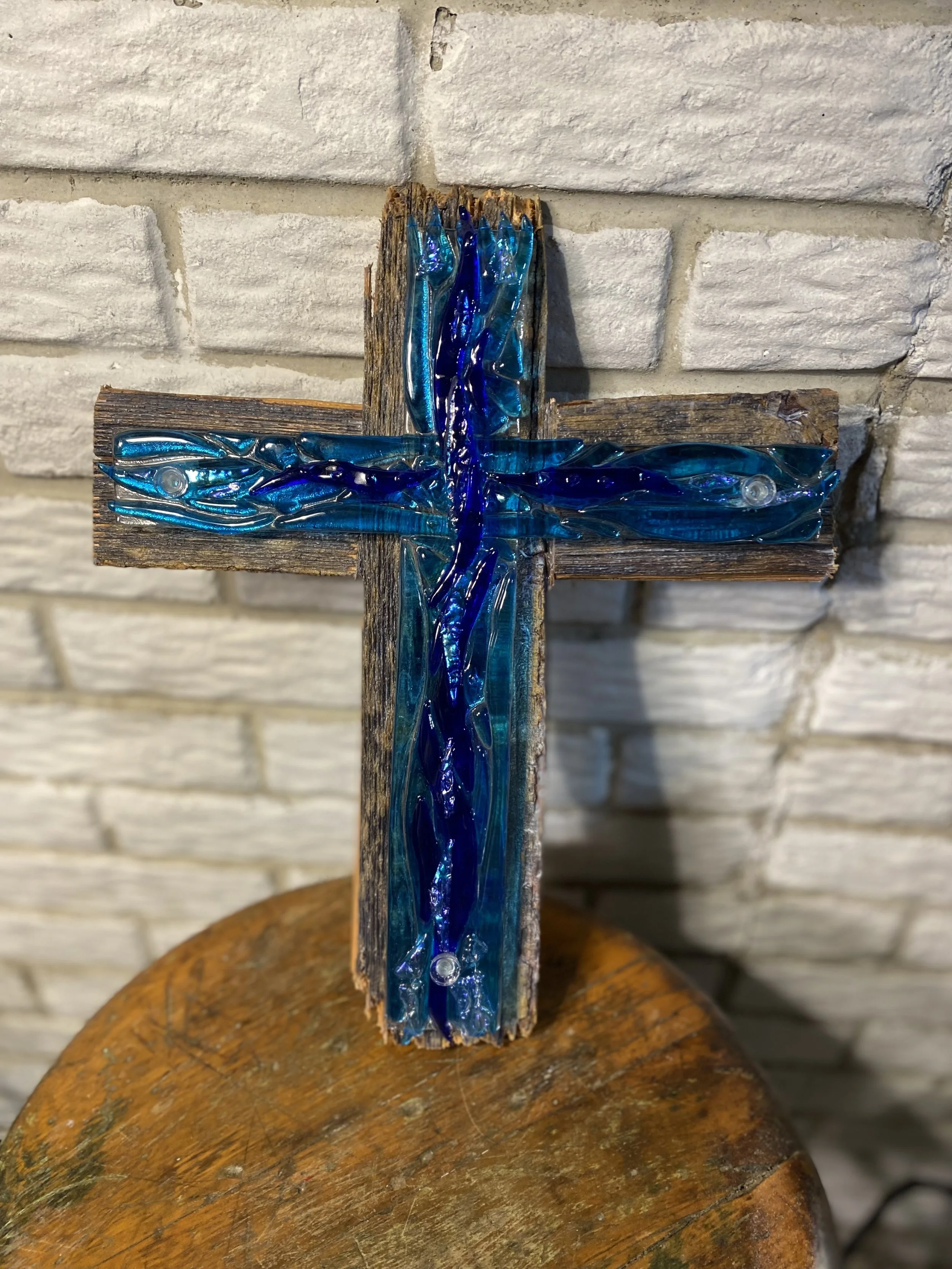 Fused glass cross on wood - $100