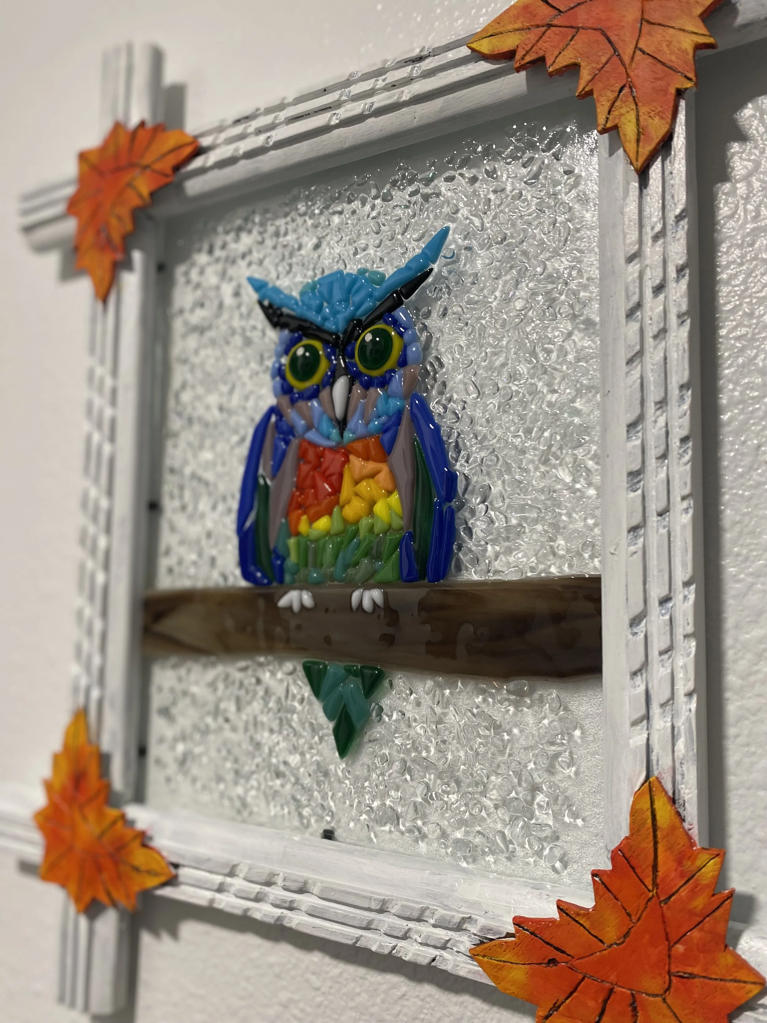 Owl - Glass fusion in frame. 13 x 13 in size. $70