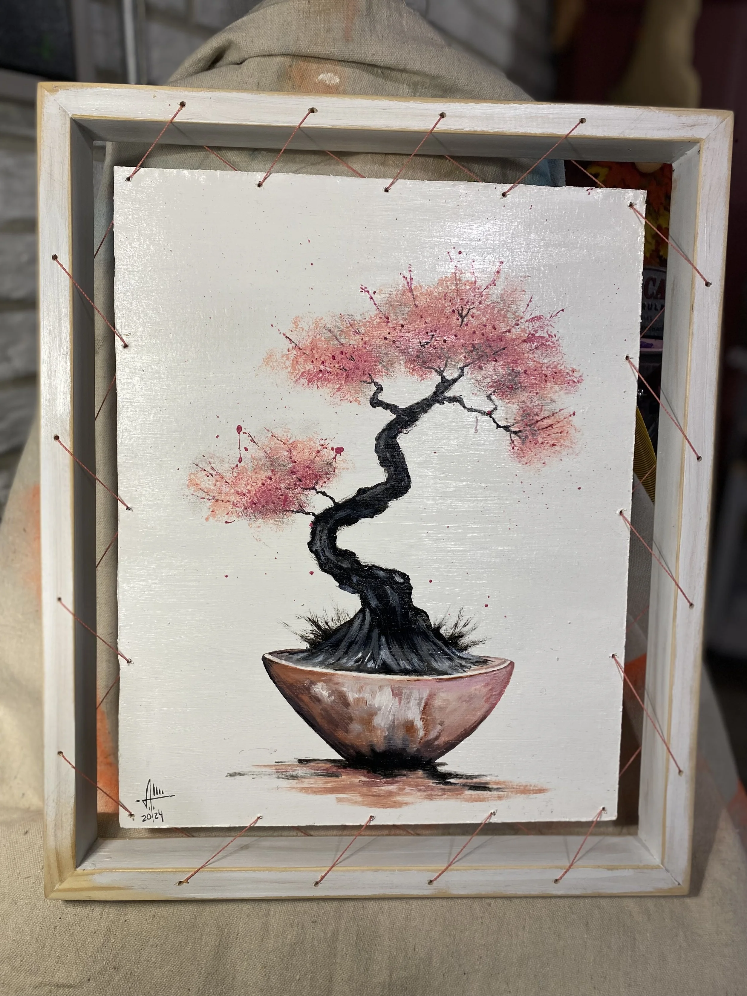 Bonsai Tree - Acrylic On Panel Board With Custom Frame 15.5 x 18.5  $75
