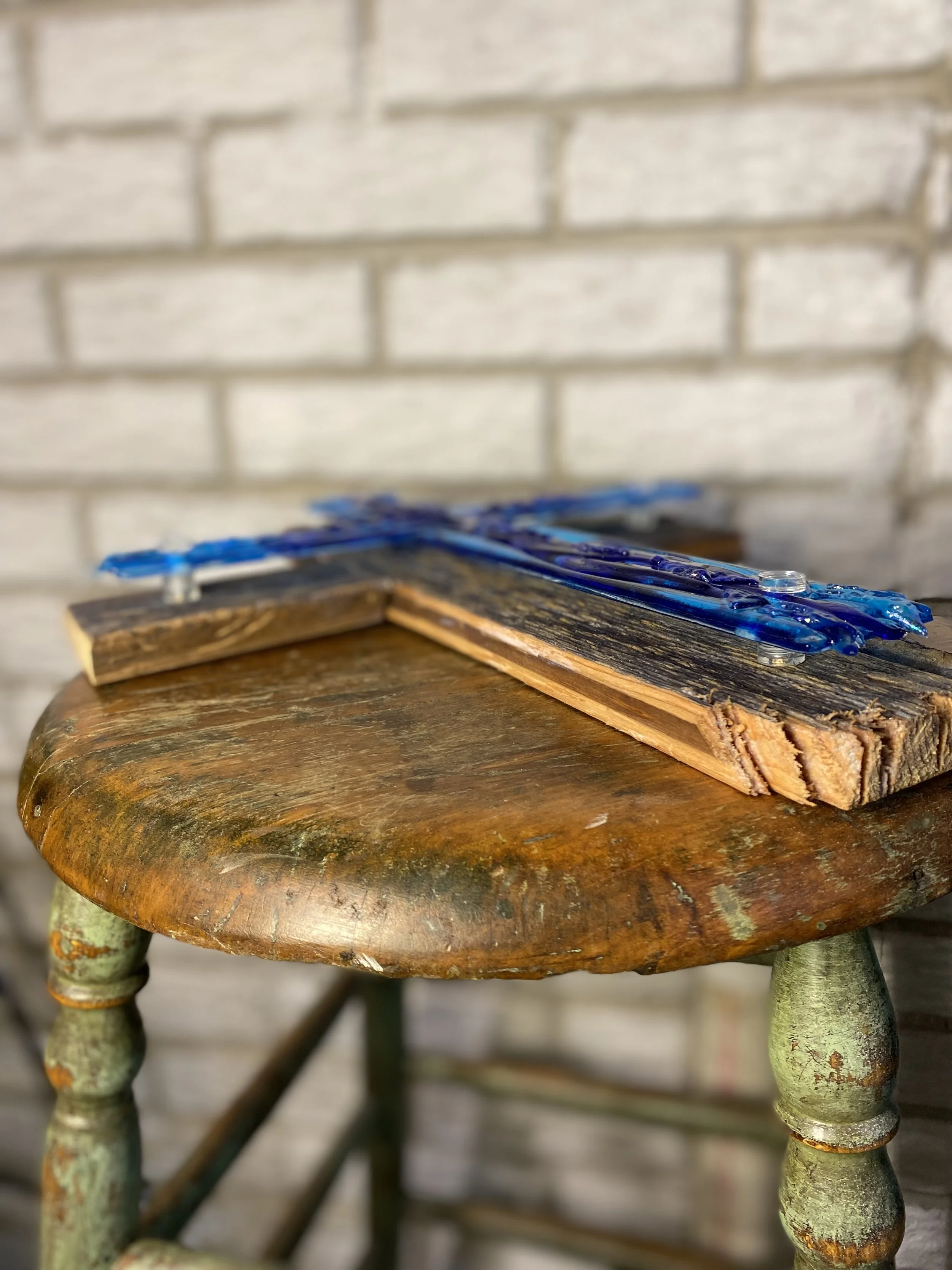 Fused glass cross on wood - $100