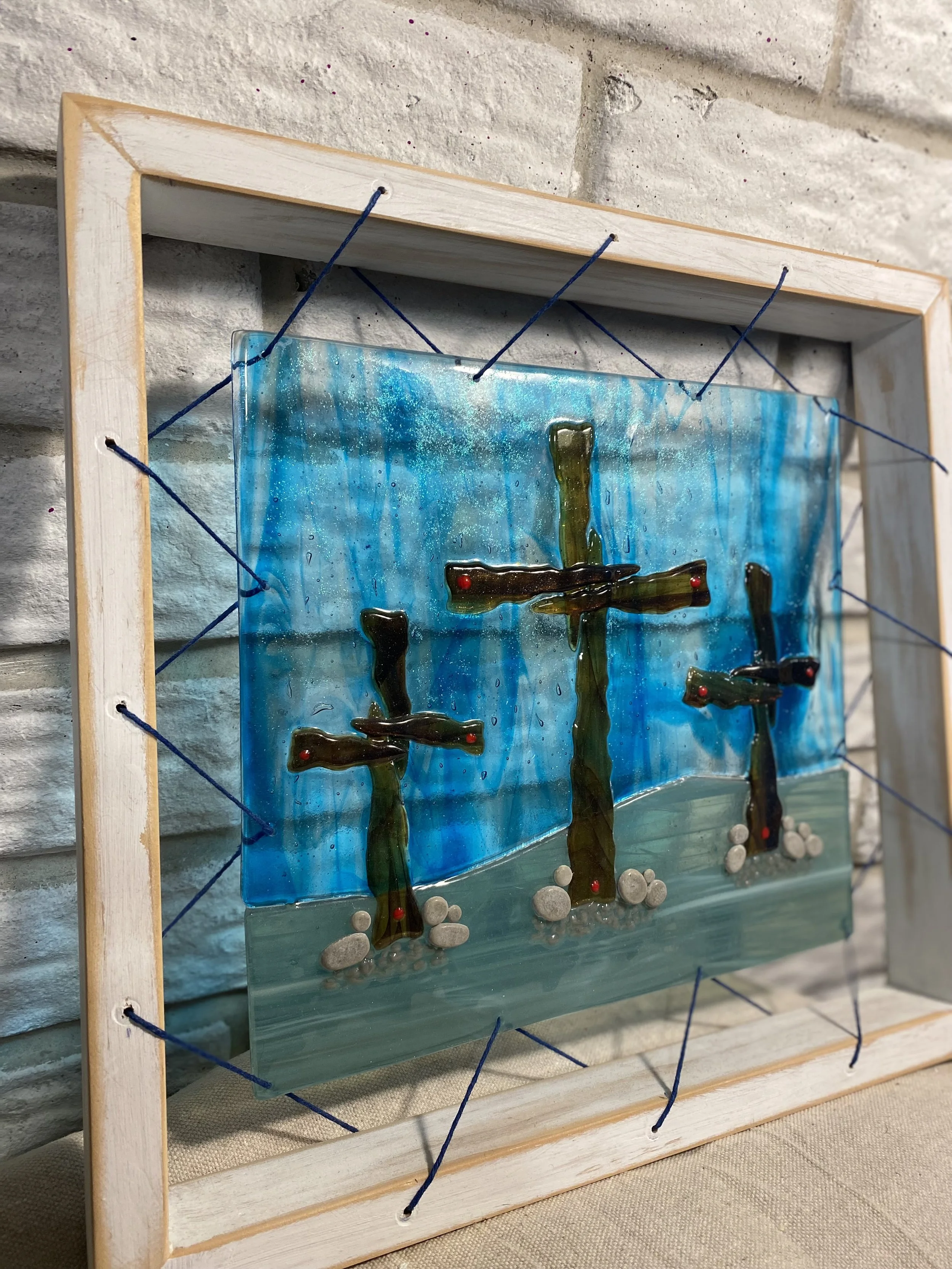 Three Cross - Glass fusion in signature frame. 16 x 16 in size $100