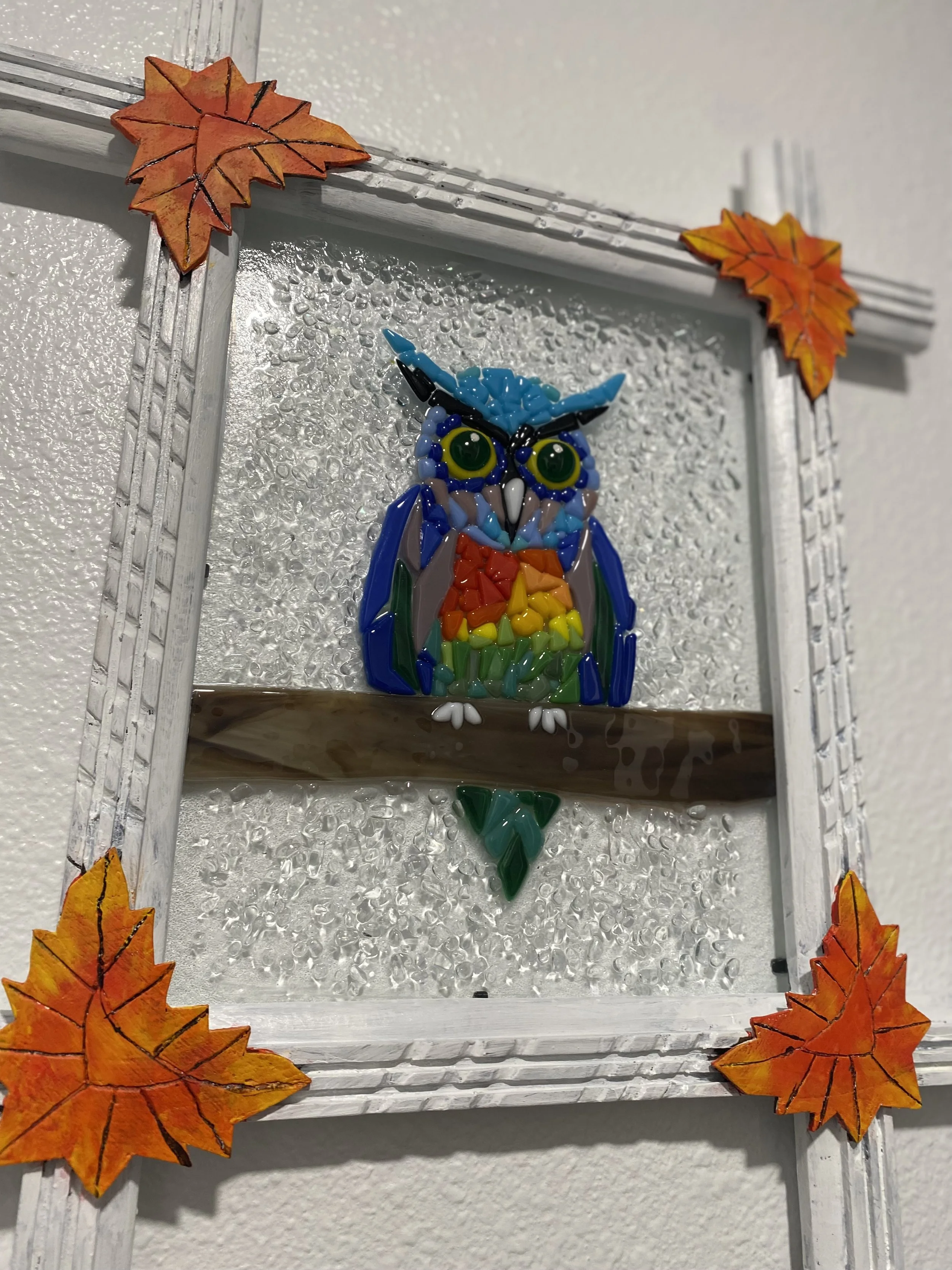 Owl - Glass fusion in frame. 13 x 13 in size. $70