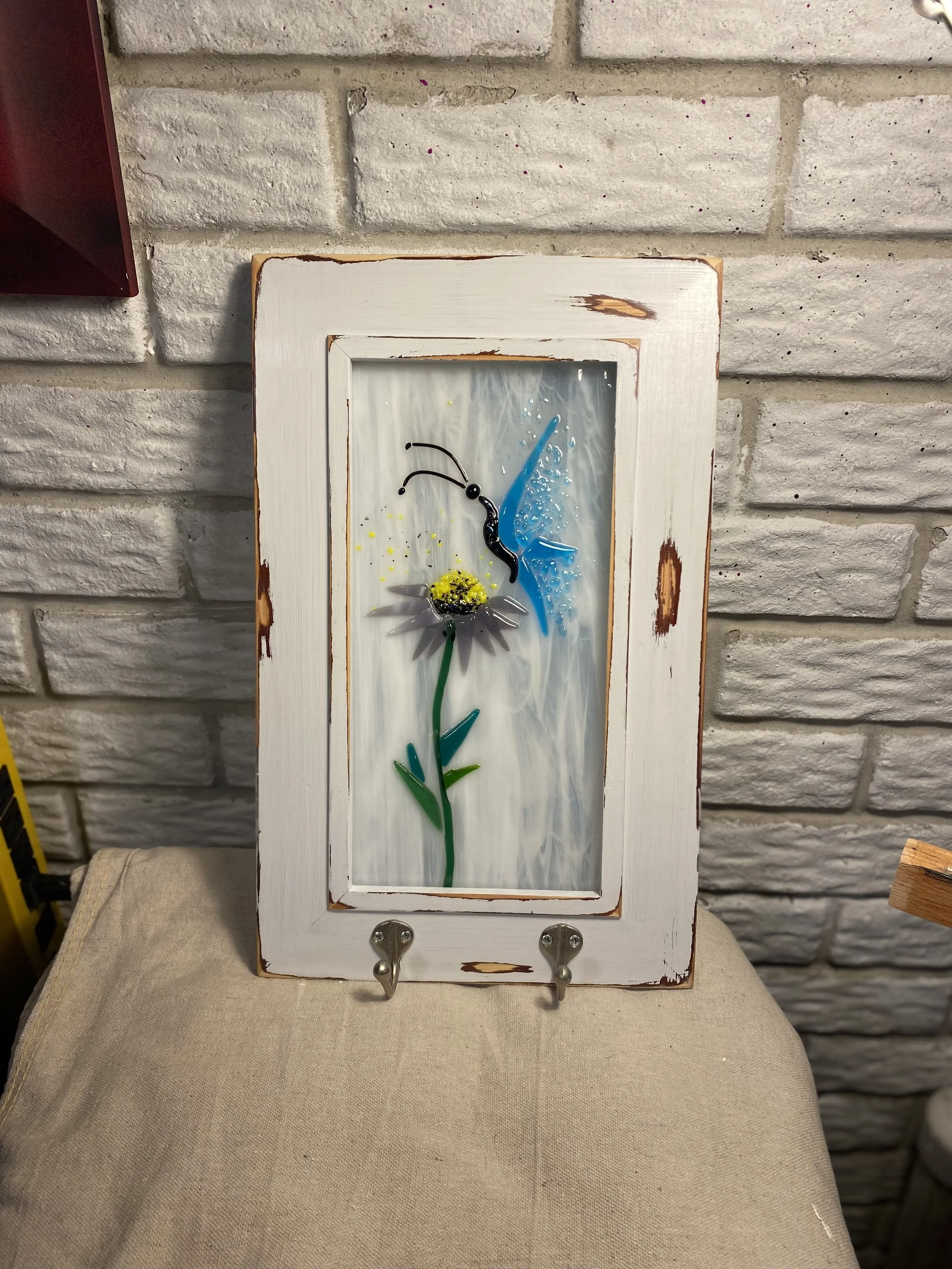 Butterfly - Glass Fusion with hangers on frame.  16 x 9.3/4   $100
