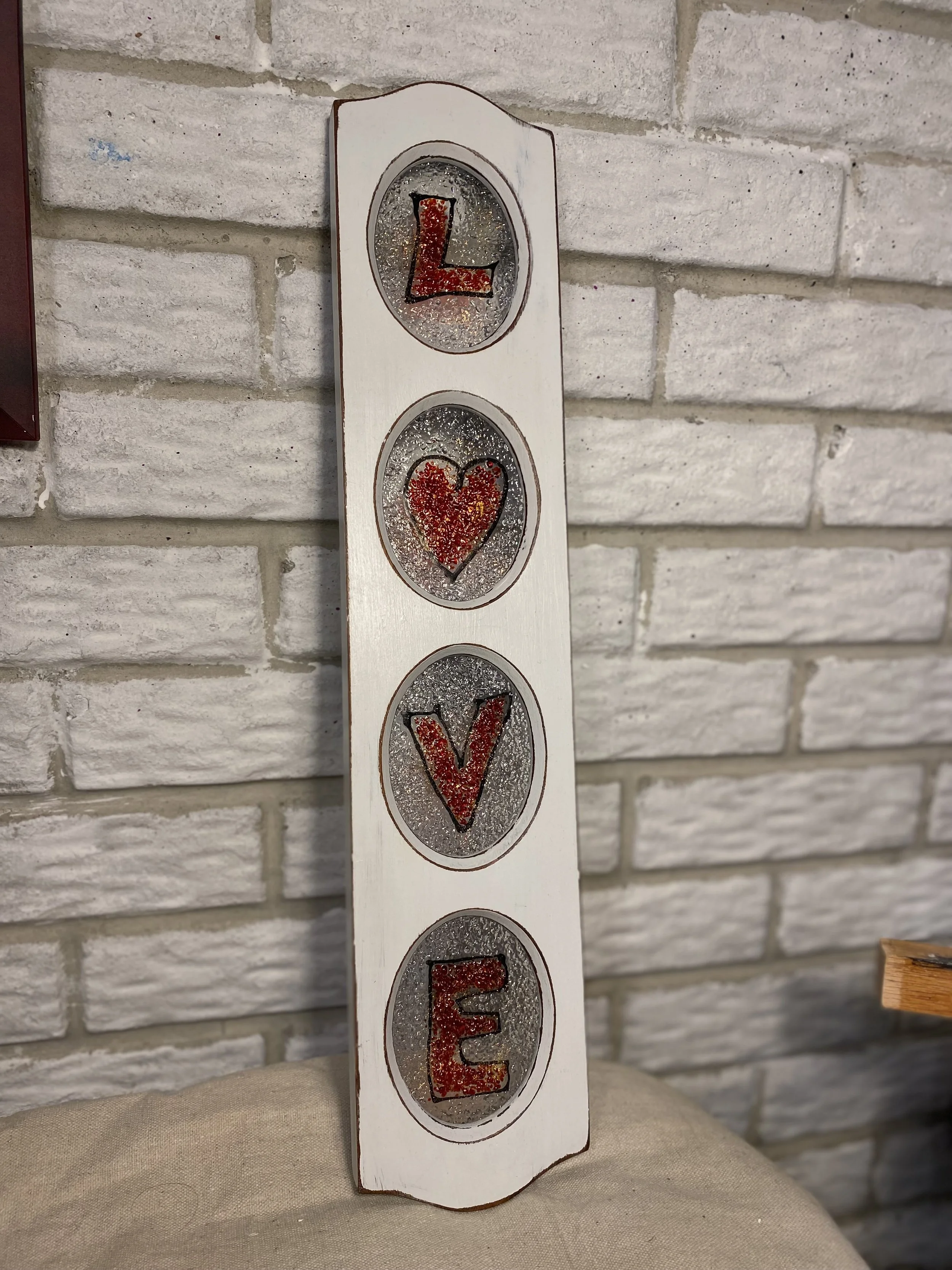 Love - Glass fusion in frame. 23 x 7. $70