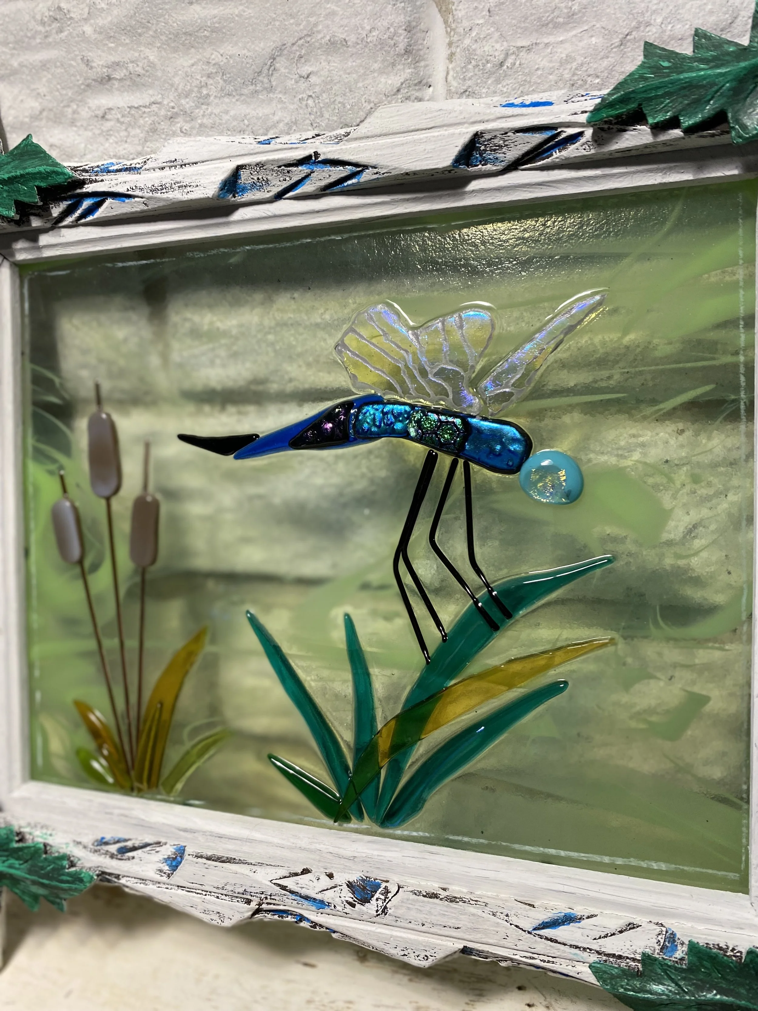 Dragonfly - Glass fusion in frame 15.5 x 13.5 $100