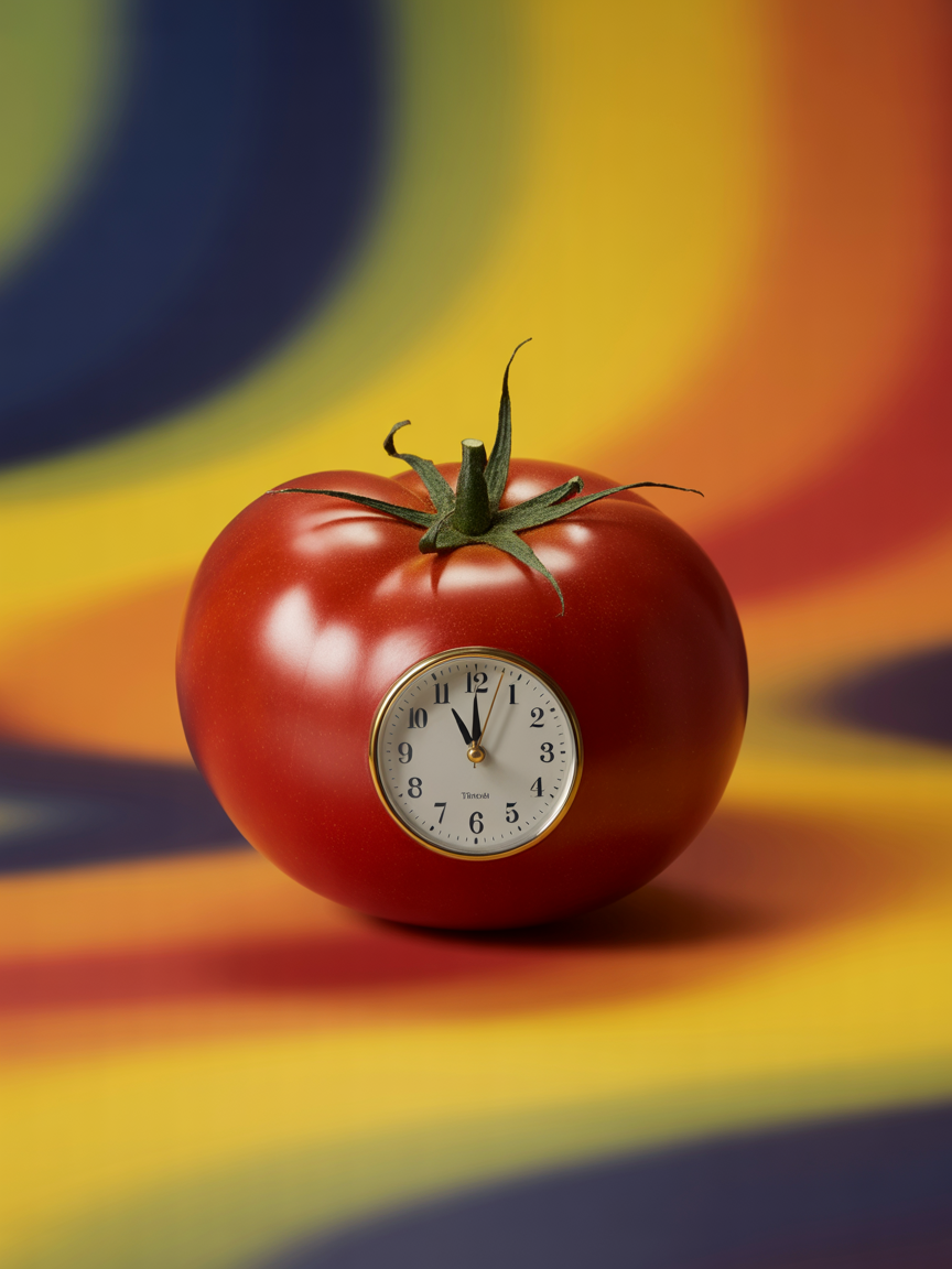 A large red tomato with a small clock embedded in its front, showing the time as 11:56, with a colorful abstract background.