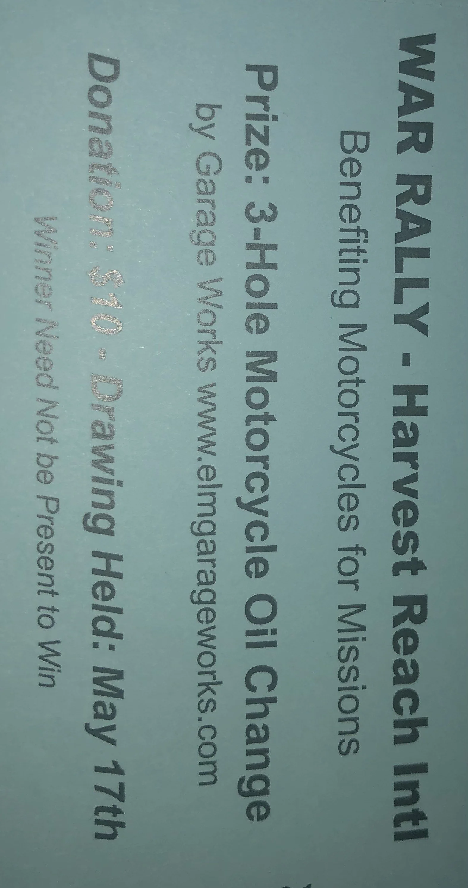 Raffle Ticket 3-Hole Oil Change by Garage Works