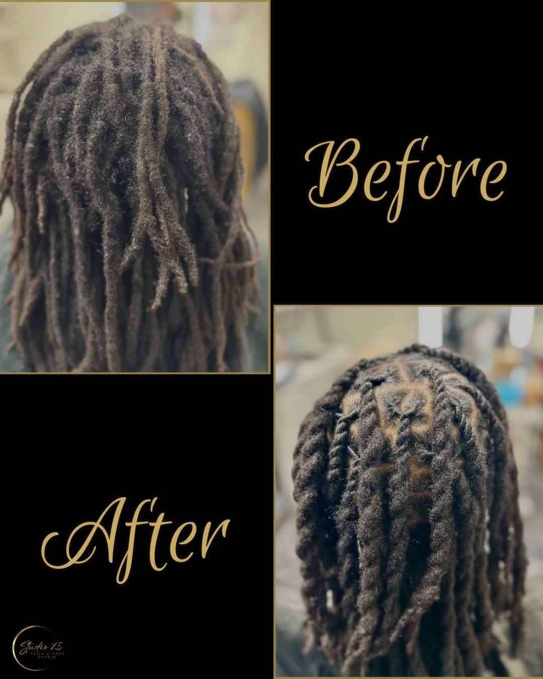 Before and after photos of styled dreadlocks on a person's head.