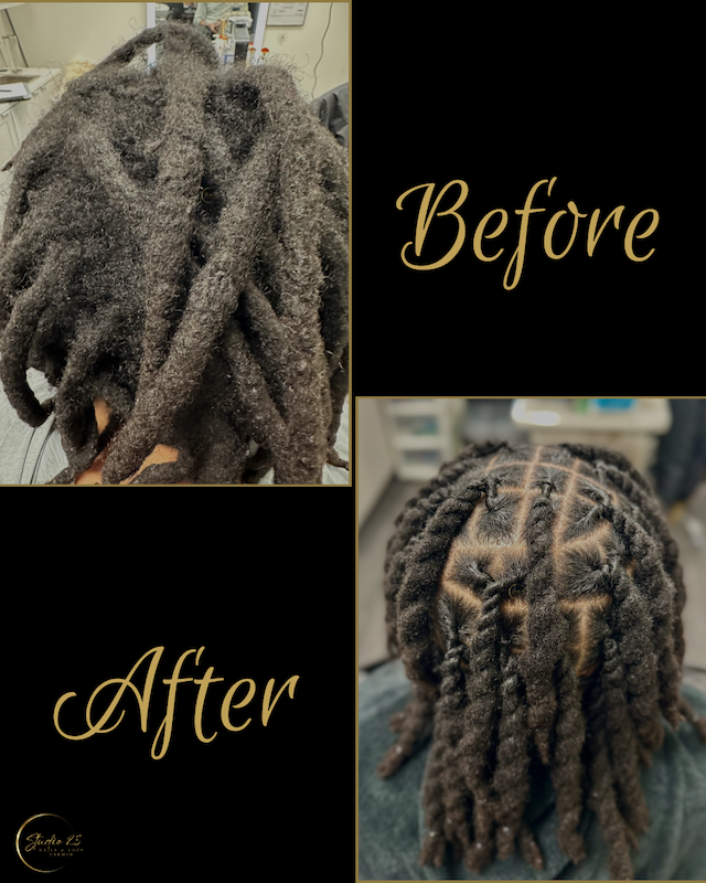 Comparison of dreadlocks before and after styling, showing a person's hair in two images with the words "Before" and "After."