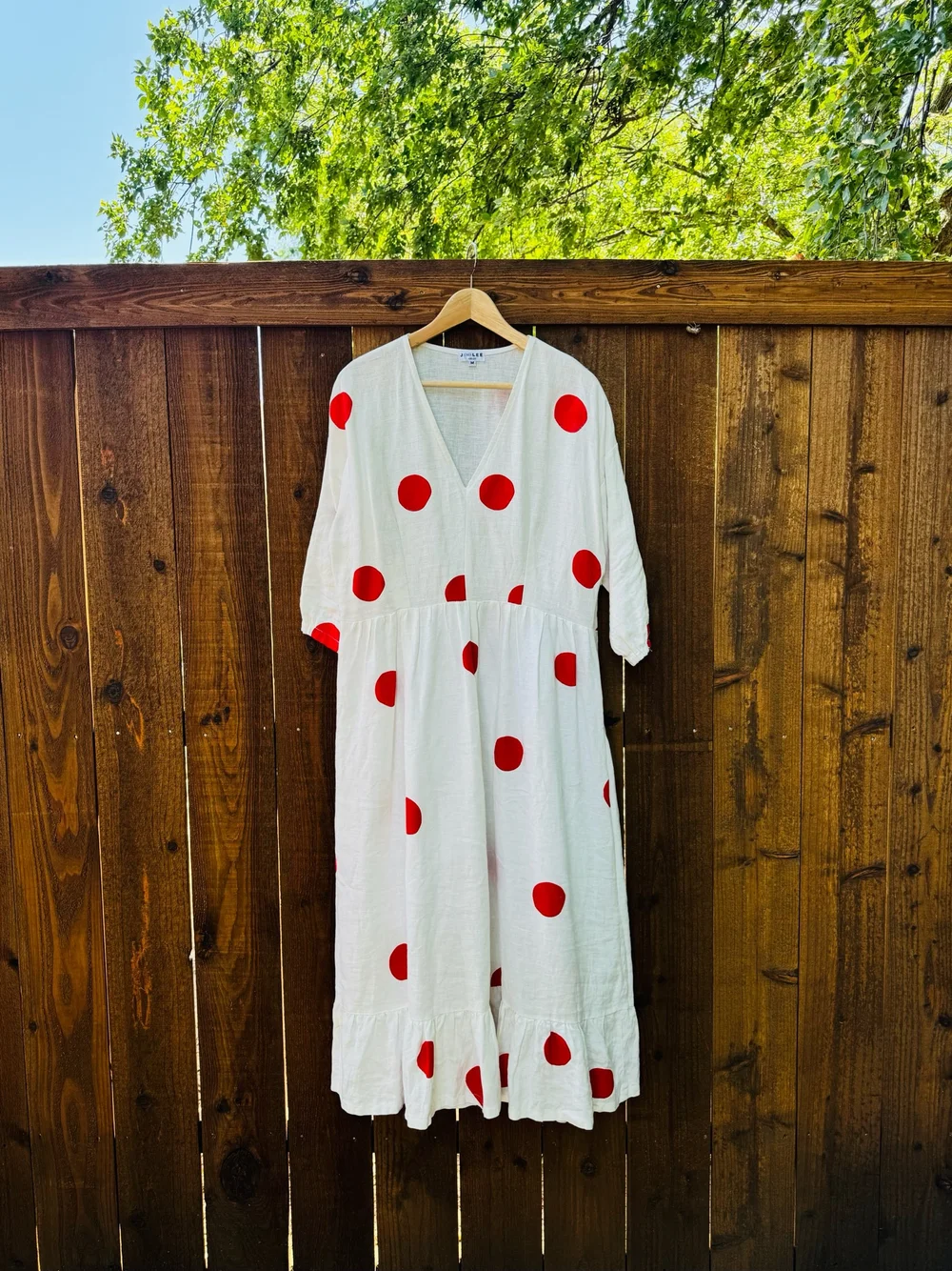 kim shui brown ruffle dress Polka Linen Like Maxi Slip Dress