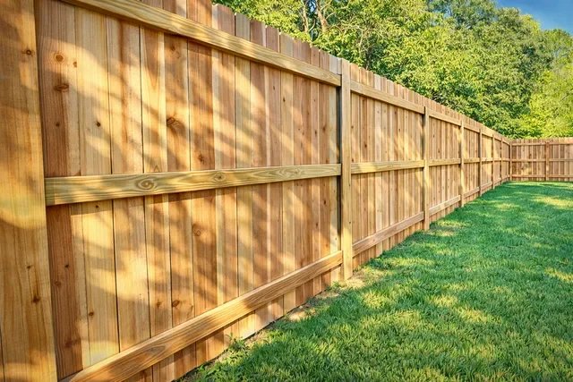 Newly installed wooden privacy fence in a backyard with green grass and trees in the background.