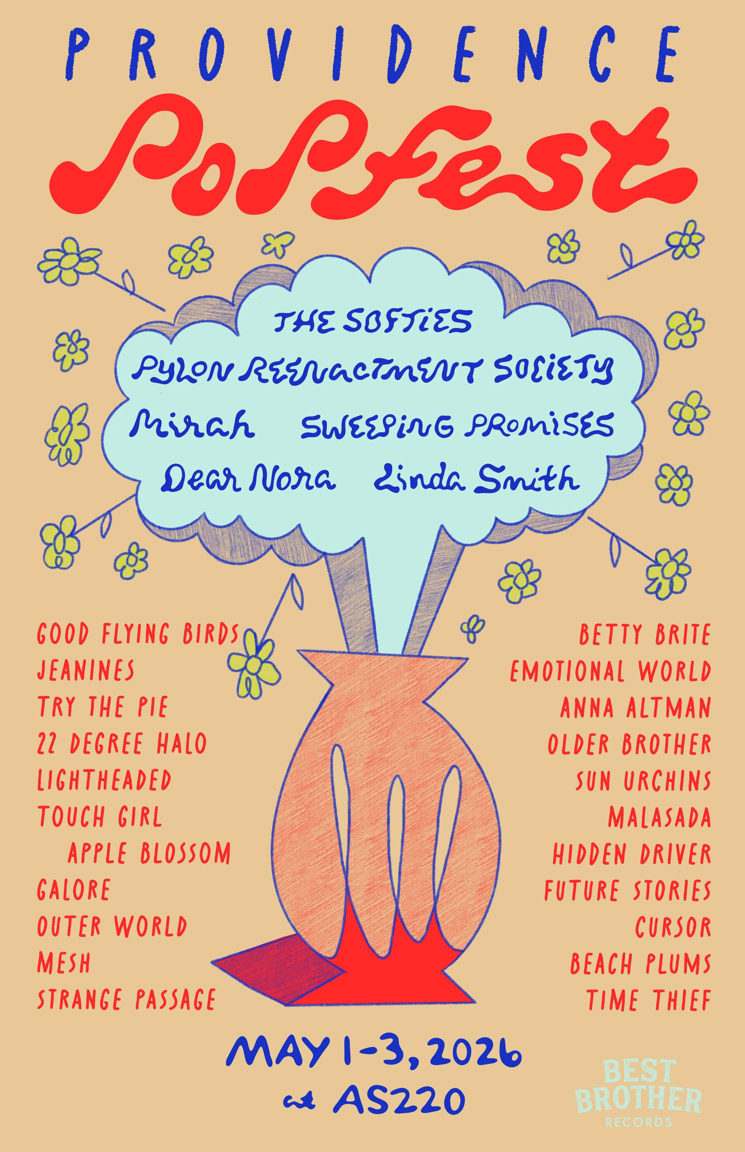 Providence Popfest poster. Artists: The Softies, Pylon Reenactment Society, Mirah, Sweeping Promises, Dear Nora, Linda Smith, and more