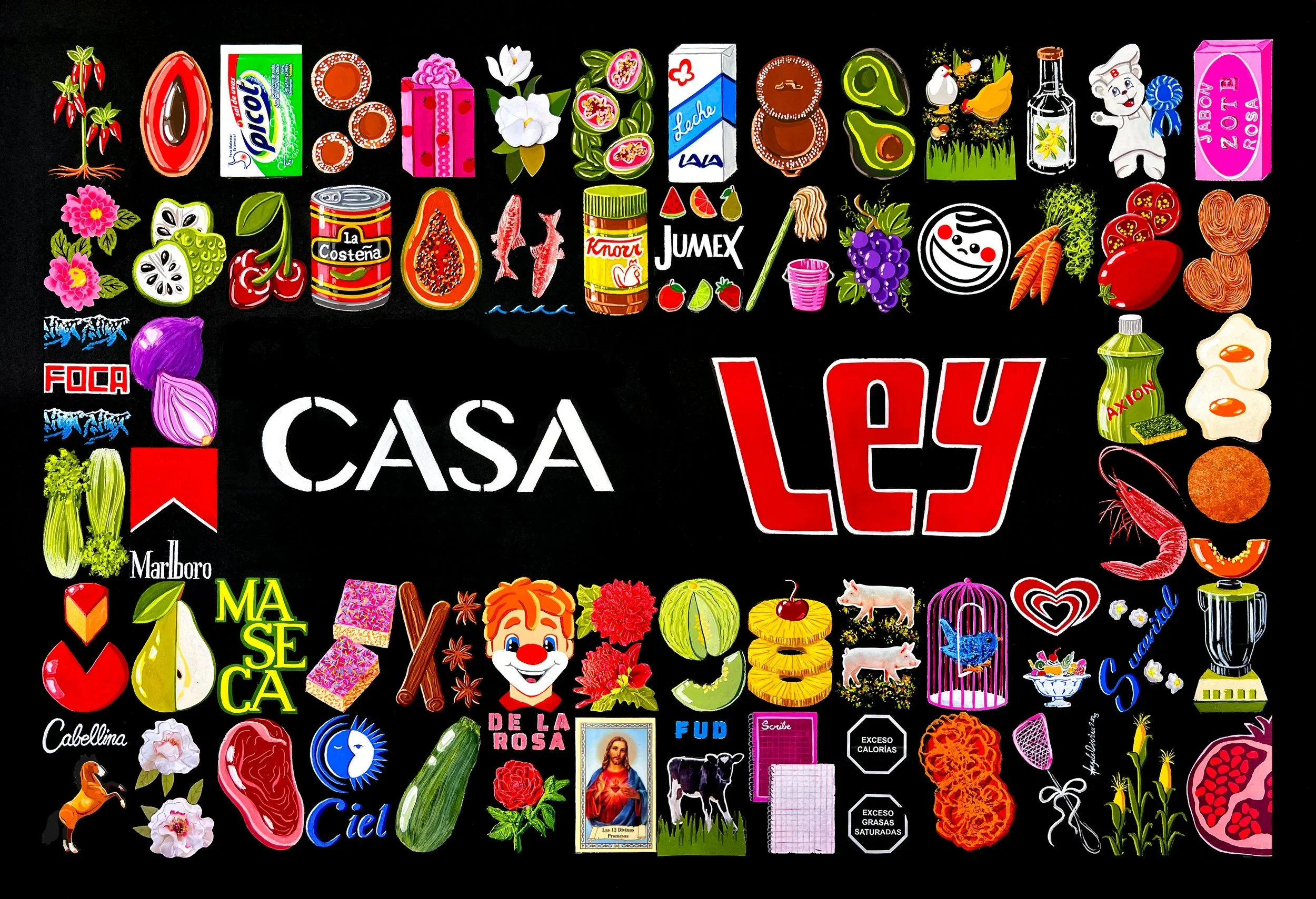 “Mas Cosas… Es Ley (Reworked Casa Ley)”
mixed media on paper (watercolor, gouache, vinyl paint, stickers, stencil, stamps, product packaging, and prayer card)
20 x 30 inches / 51 x 76 cm
2025