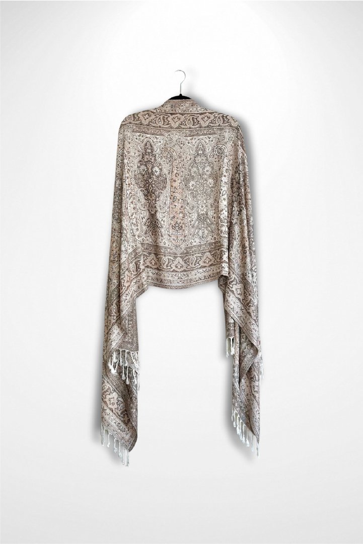 Brown and gray rhinestoned pashmina on a hanger with ethnic paisley patterns and jacquard threading for men and women