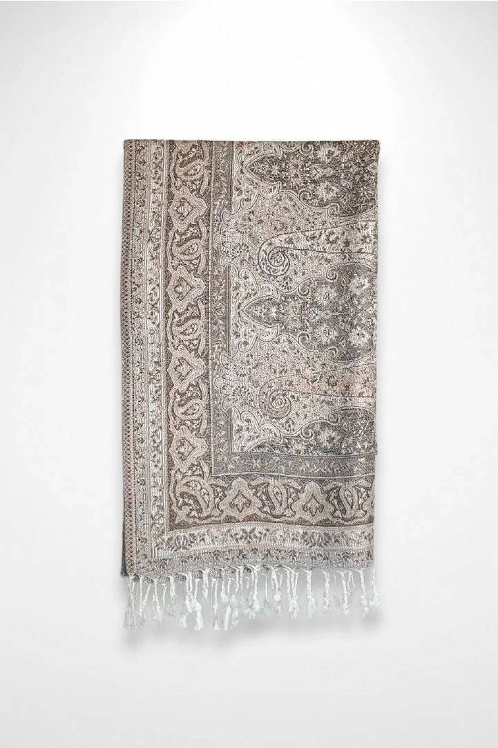 brown and gray rhinestoned pashmina with large iridescent sparkling crystal rhinestones the pashmina scarf shawl is folded into a square