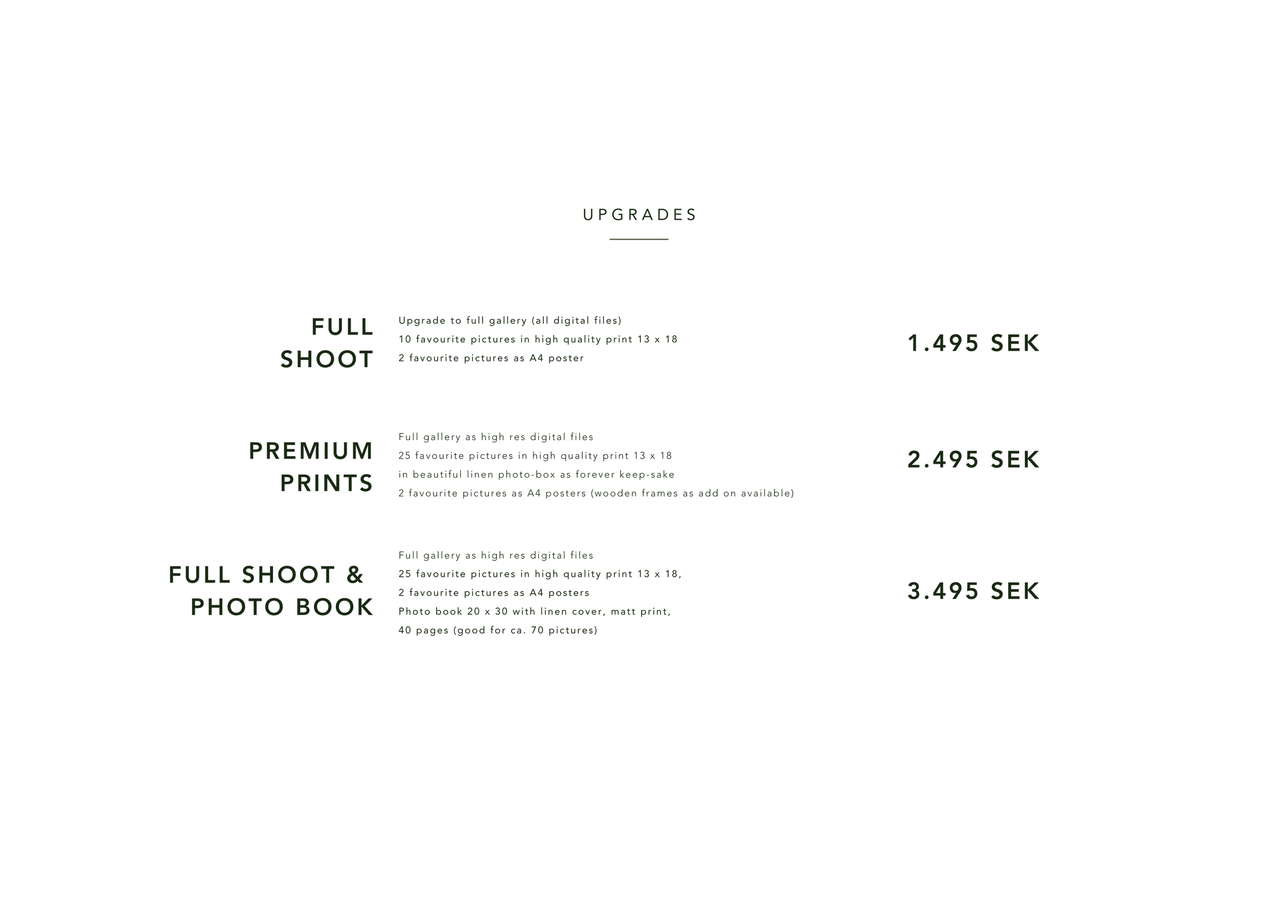 Dark website menu for photography printing services with green text, listing options and prices for full shoot, premium prints, and full shoot with photo book.