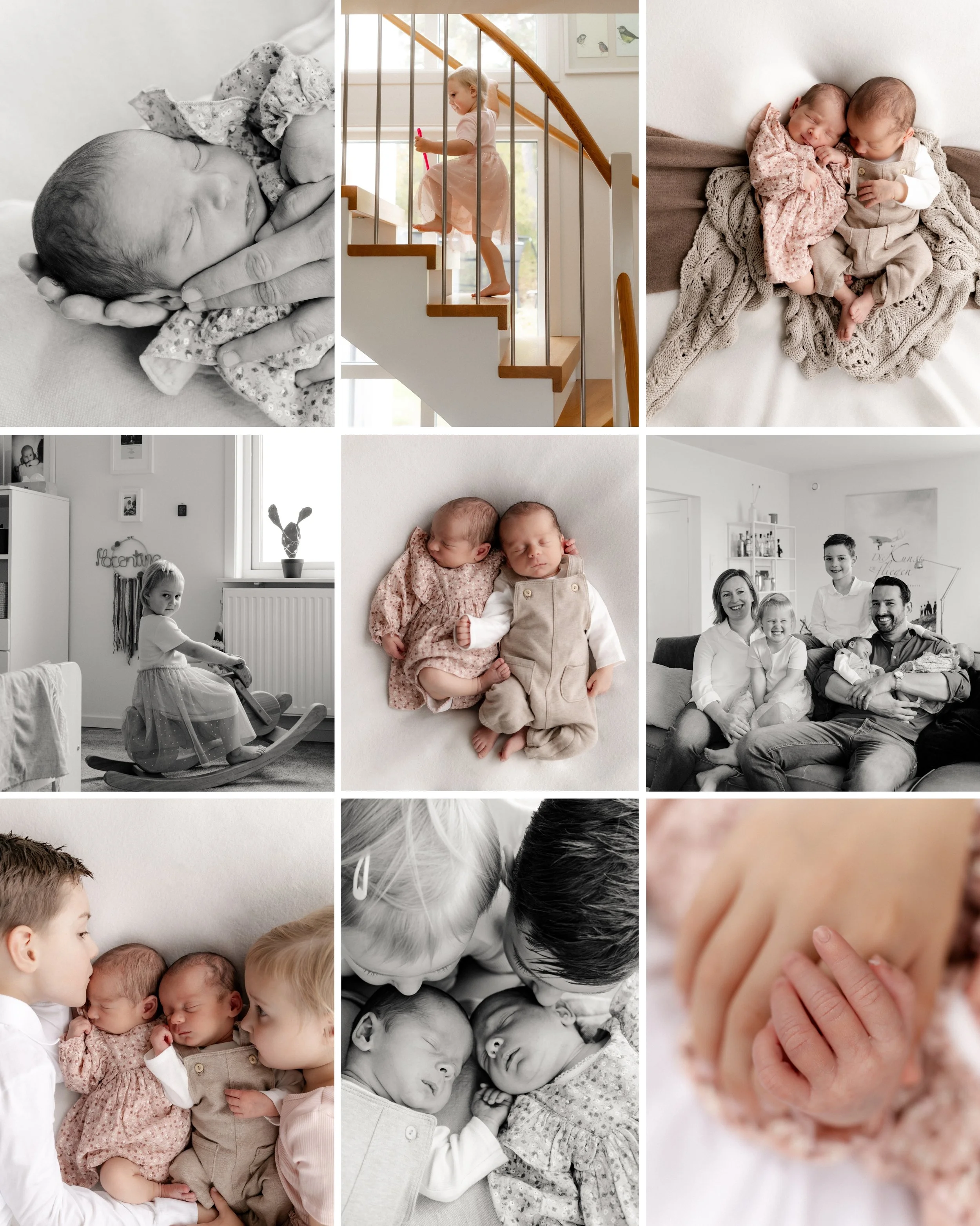 A collage of photos featuring siblings, parents, and newborns. Includes sleeping babies, children playing, and a family group portrait.