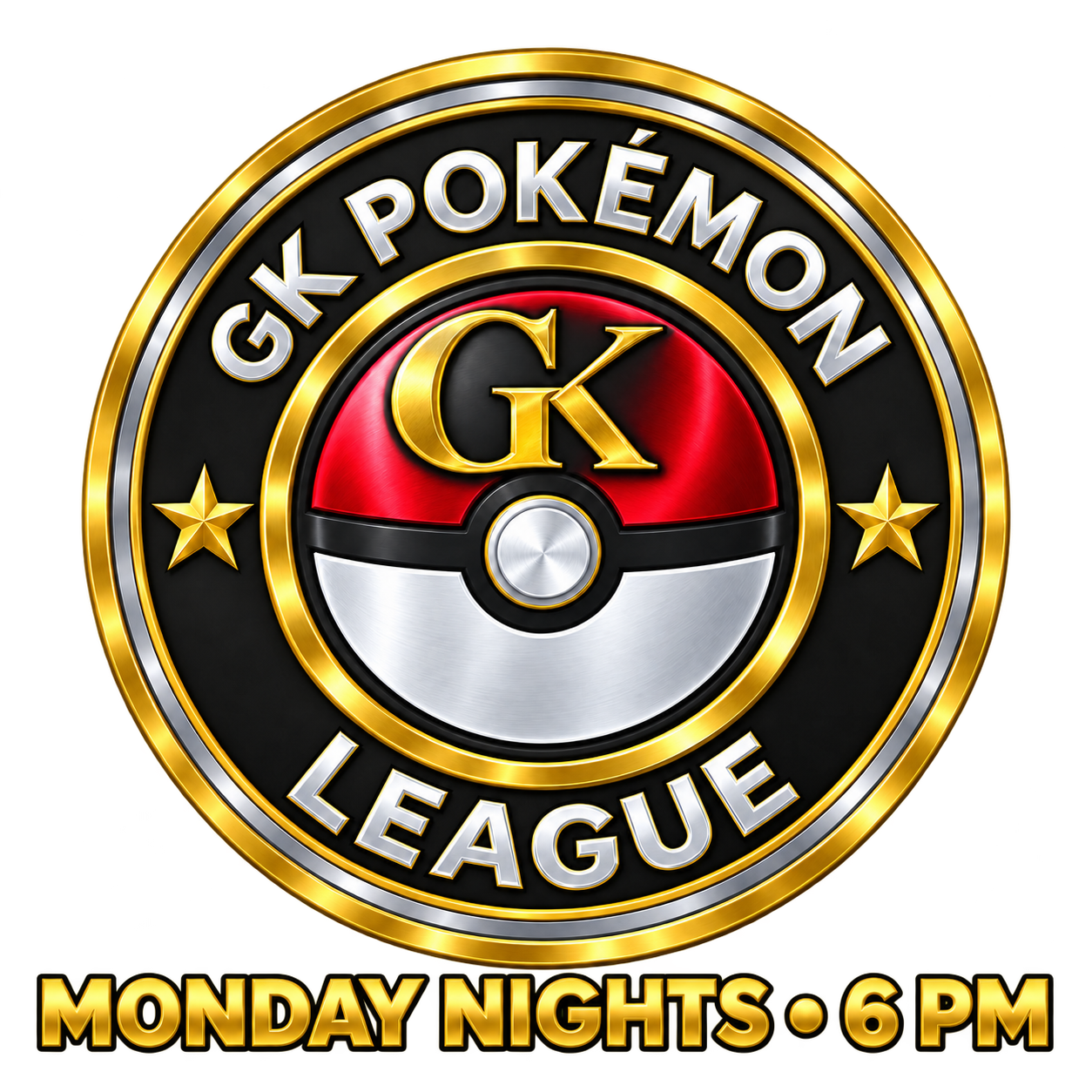 A promotional graphic for the Galar Pokémon League featuring an emblem with a Pokéball design and the words 'Galar Pokémon League' and 'Monday Nights 6 PM'.