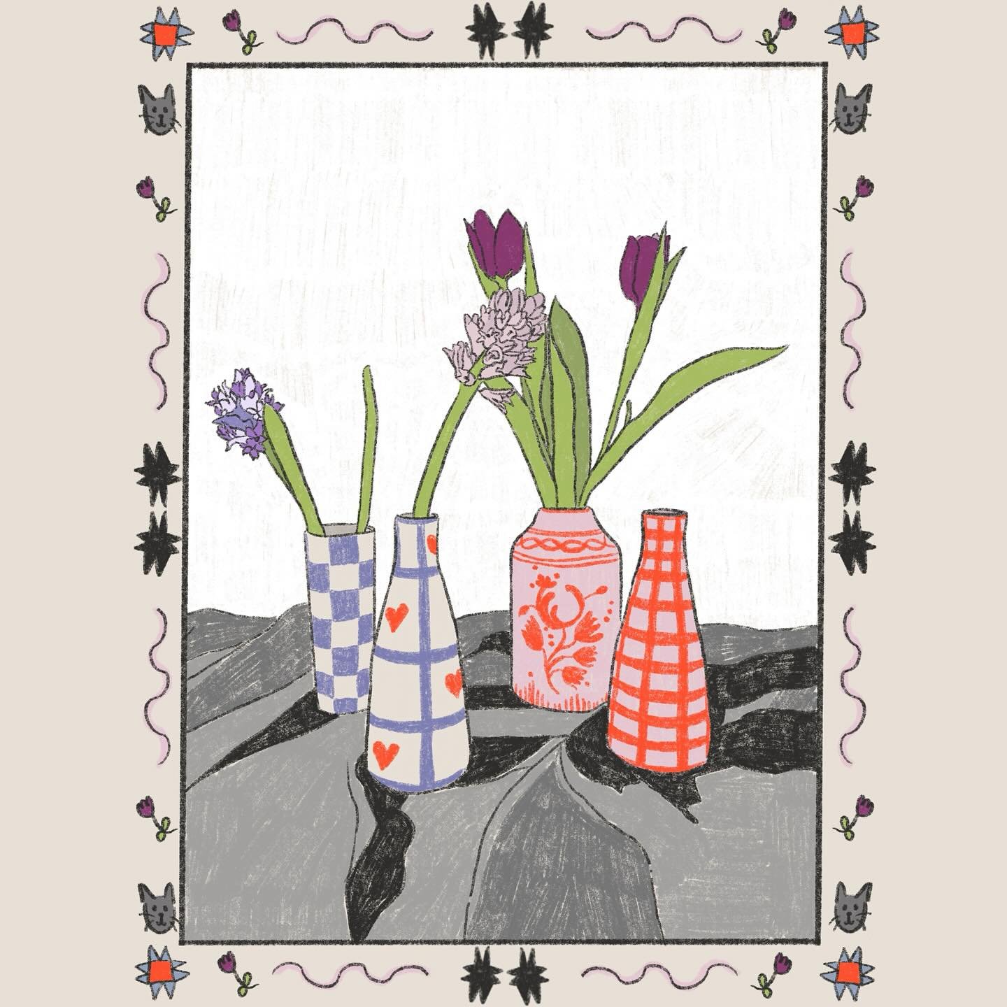 I’ve made a start on a bit of a longer term project that I’m excited to share soon, but in the meantime here’s a cute floral still life. I’d stopped drawing these so much, worried it was getting repetitive and I wasn’t &