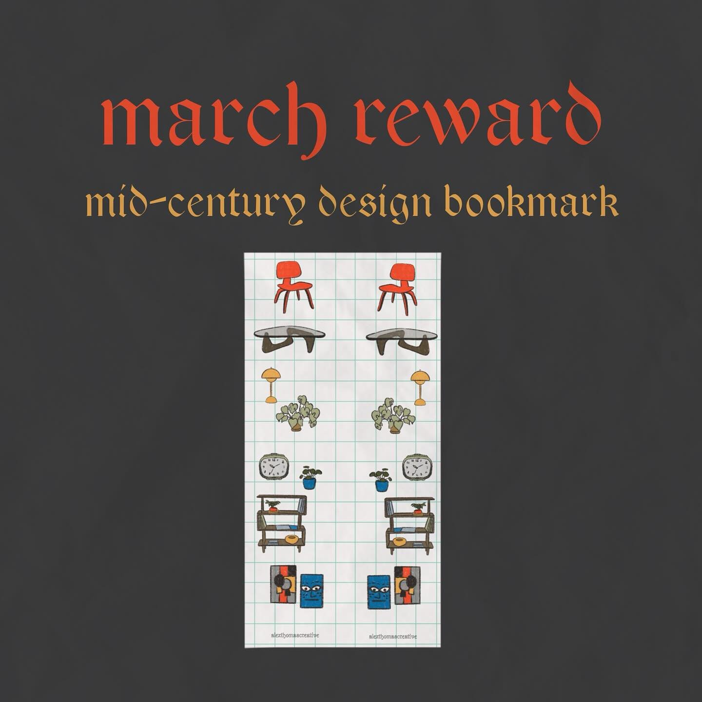 as a continuation of my mid-century moment, i’ve designed a bookmark for this month’s k0fi reward featuring a number of iconic design pieces from this era. this is an extension of something i am working on to sell in my shop so keep your