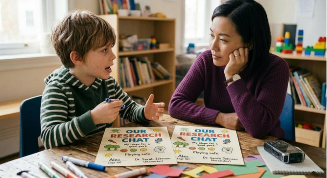 Child explaining their research with an adult listening attentively.