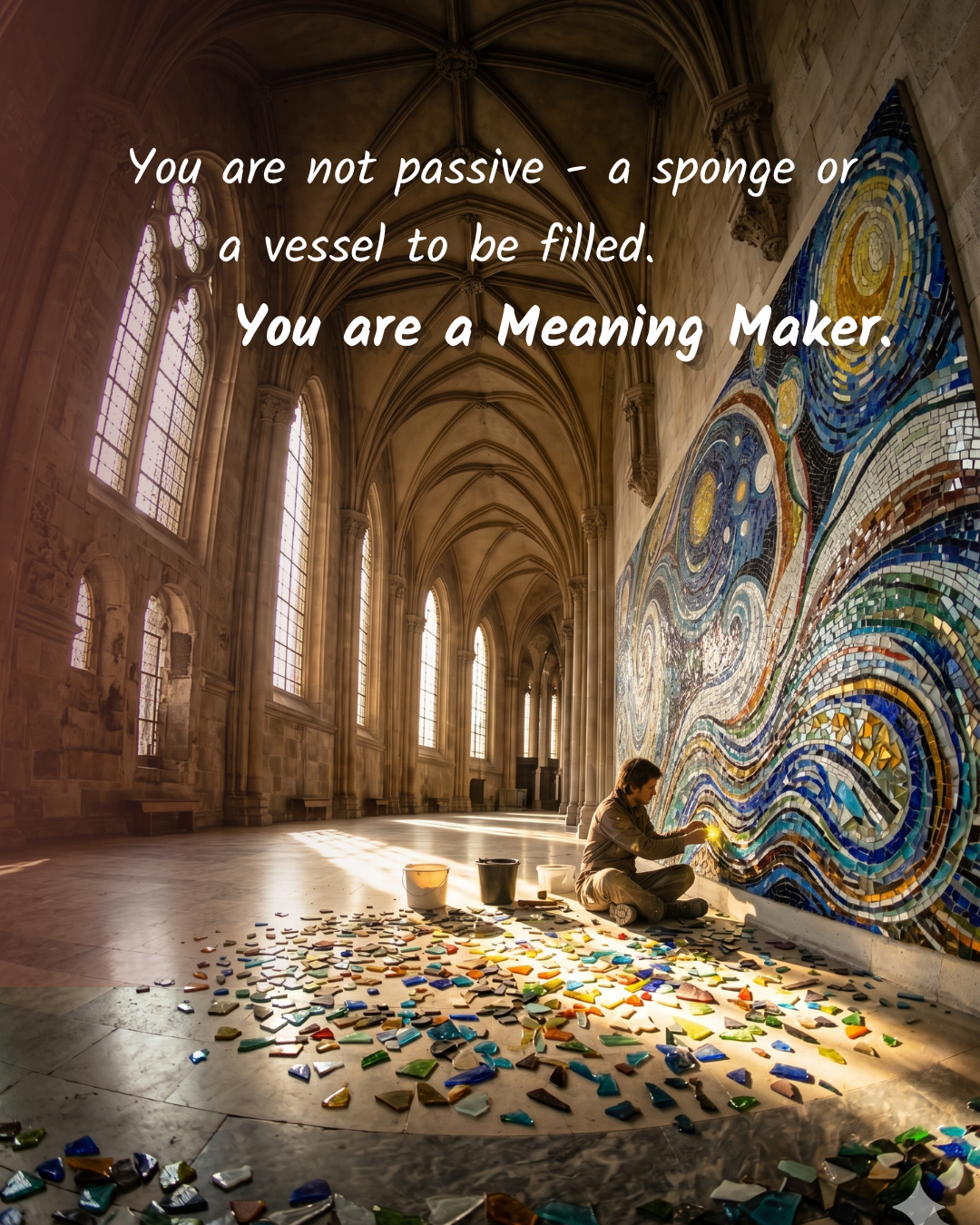 Person sits on the ground piecing together a glass mosaic on the wall. Colourful glass shards are spread out on the ground.
