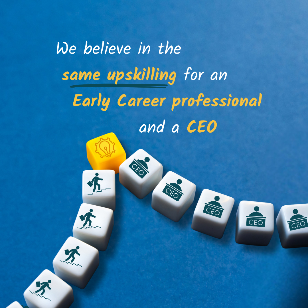Two rows of dice laid out to form a summit. One row shows a CEO icon and the other row shows a person icon carrying a briefcase whilst walking up stairs. The words "We believe in the same upskilling for an early career professional and a CEO".