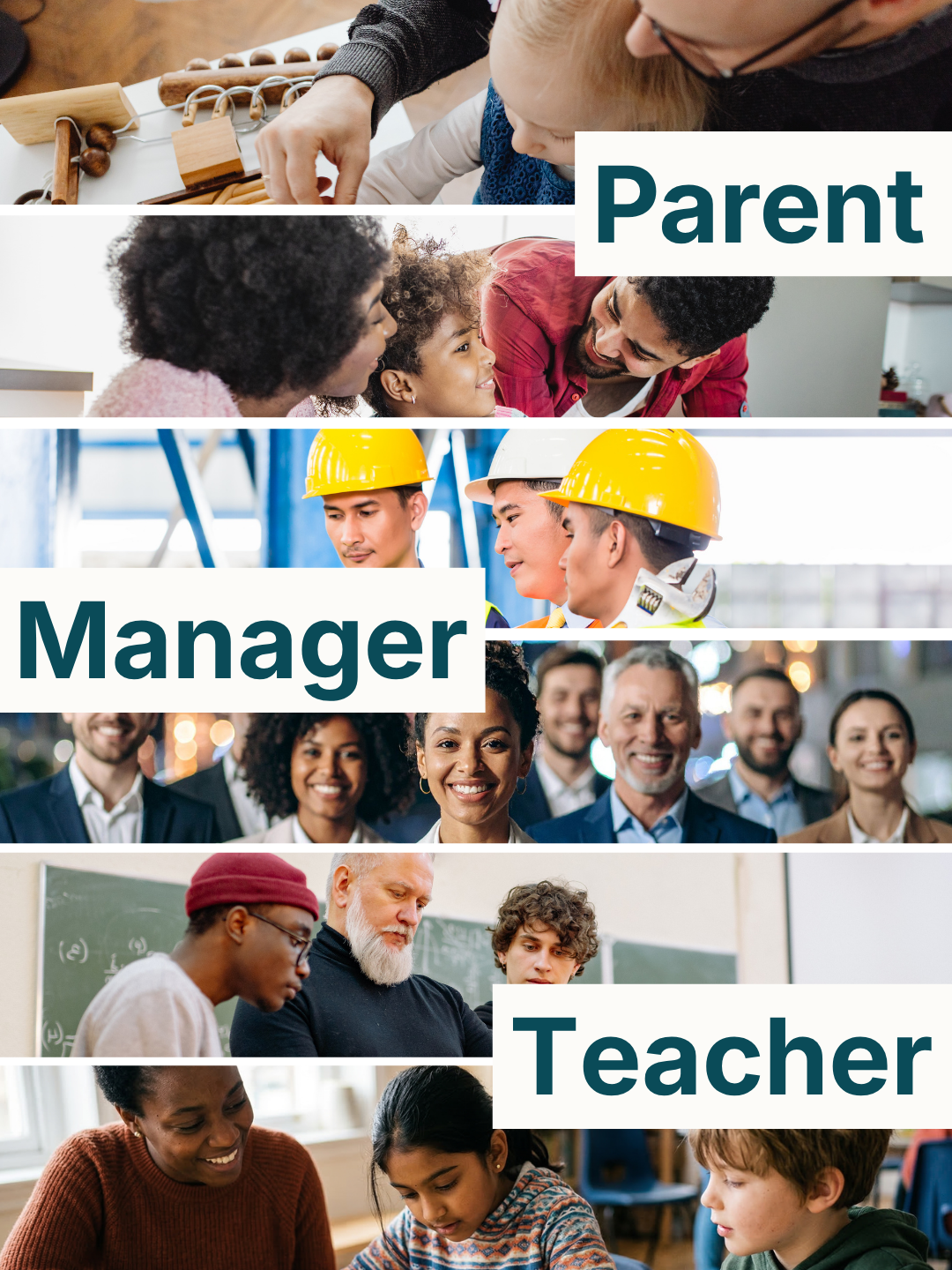 Diverse faces of parents, managers and teachers providing guidance to learners of all ages.