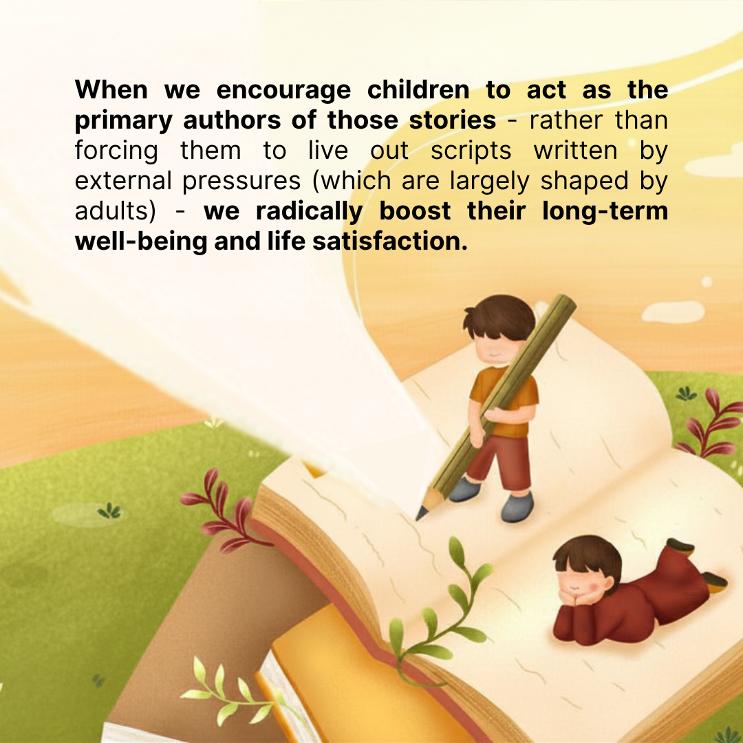 Illustrated field with a child writing with an oversized pencil into a book they are standing on. Another child lies on their front on the other side of the page whilst gazing into the distance.