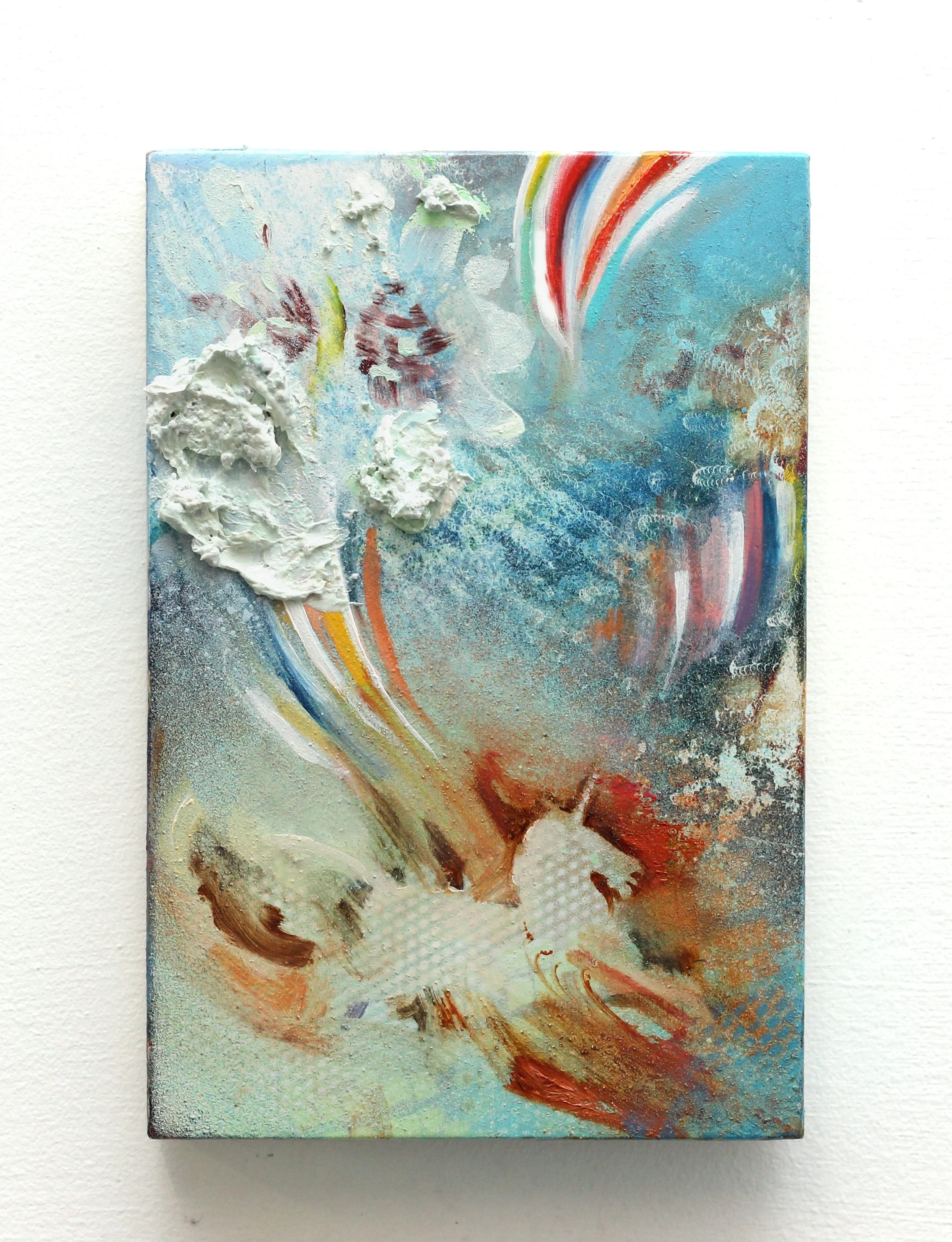 'Flight of the Unicorn'

Oil, acryic and spray-paint on panel. 15x10 cm, 2025