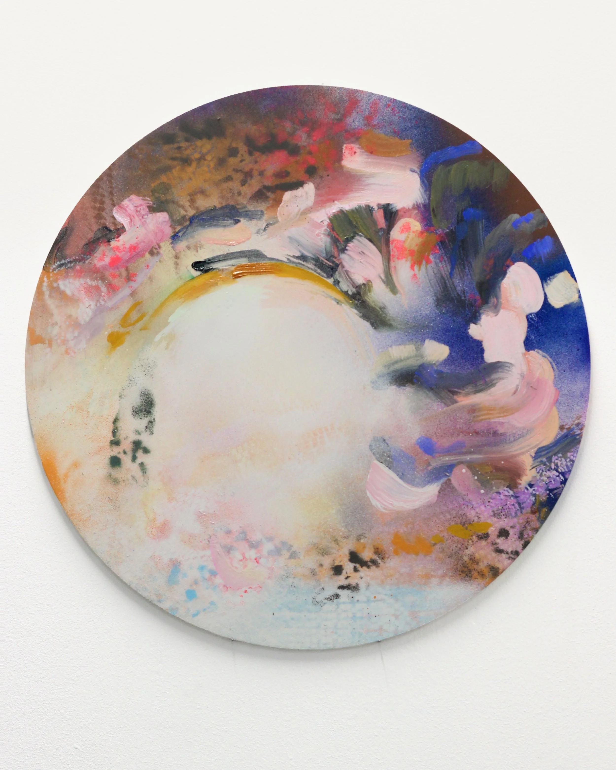 The Butterfly Effect, 2025 · Oil, acrylic and spray paint on panel, 40 cm diameter