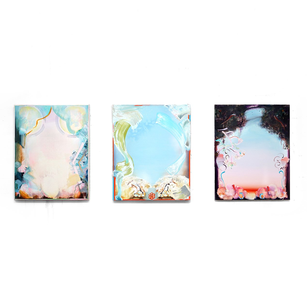 From left to right: Supernatural Violet, Hoarfrost and From Dusk till Dawn. Each 50x40 cm, 2023