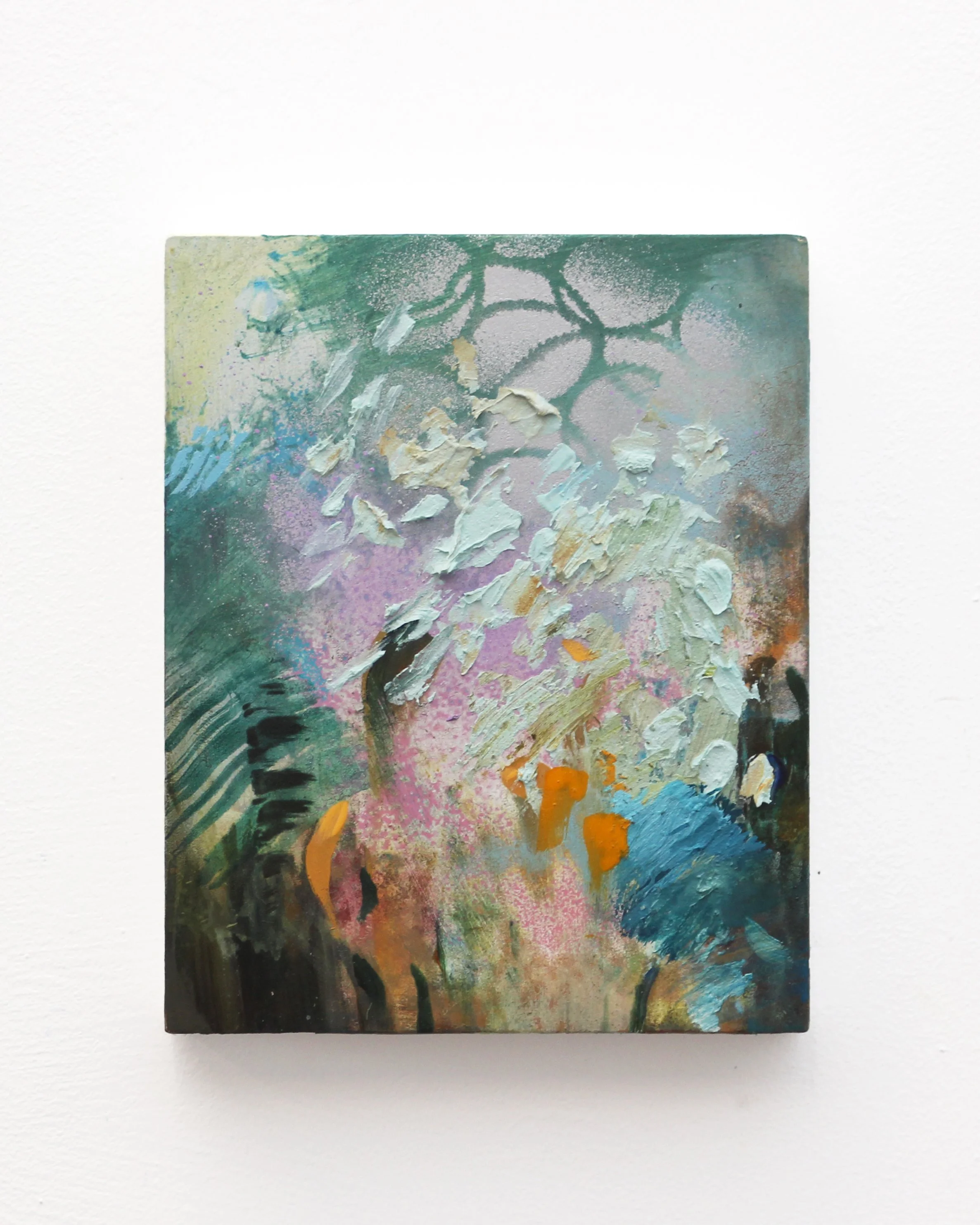 Memory of a Field, 2026 · Oil, acrylic and spray paint on panel, 15 × 12 cm