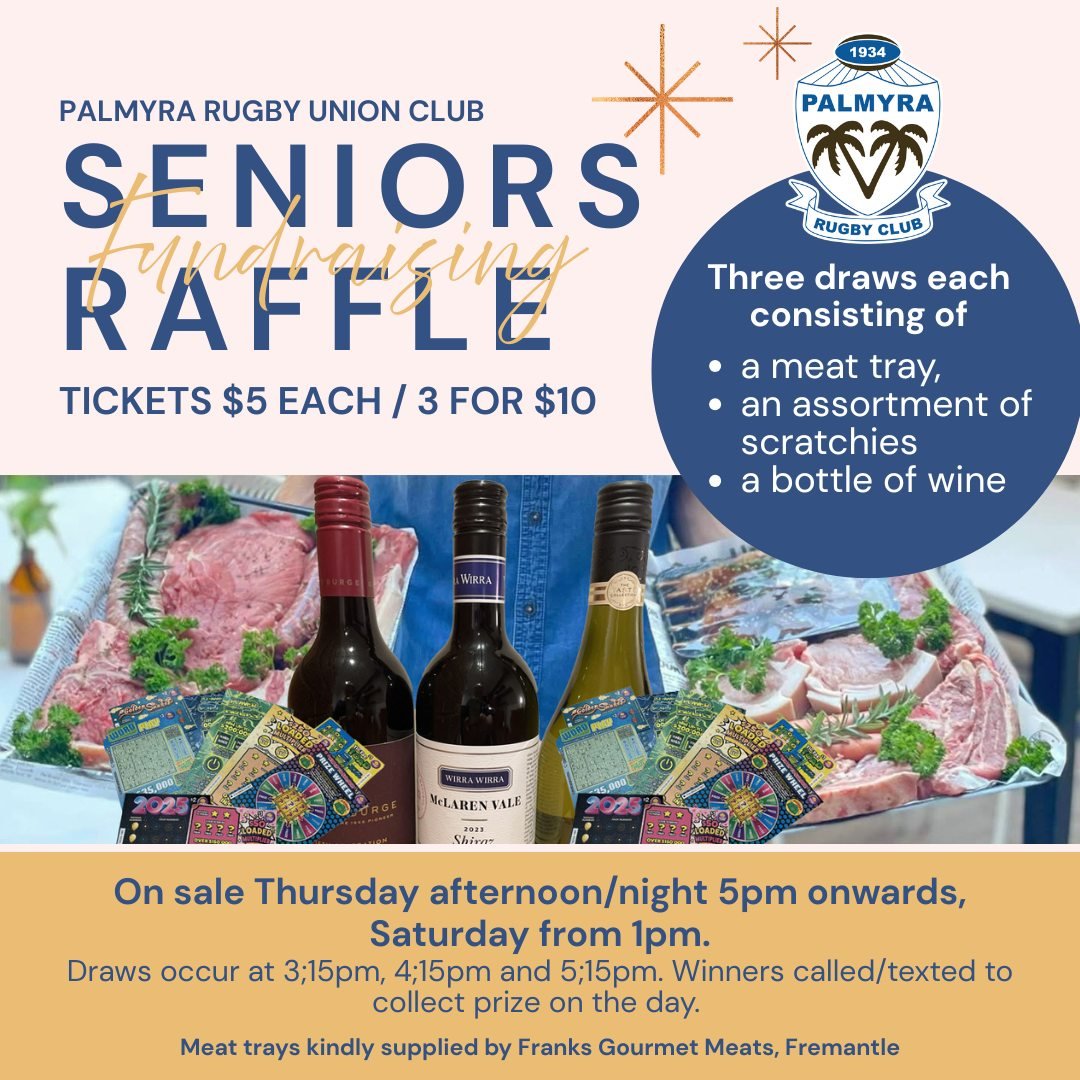 🌴 PALLY SENIOR PLAYERS FUNDRAISING RAFFLE 🌴
Three draws each consisting of
• 🥩 a Meat Tray
• 🎟 an Assortment of Scratchies and
• 🍷 a Bottle of Wine.
🎫 Get Your Tickets $5 each or 3 for $10.
On sale Thursday afternoon/night 5