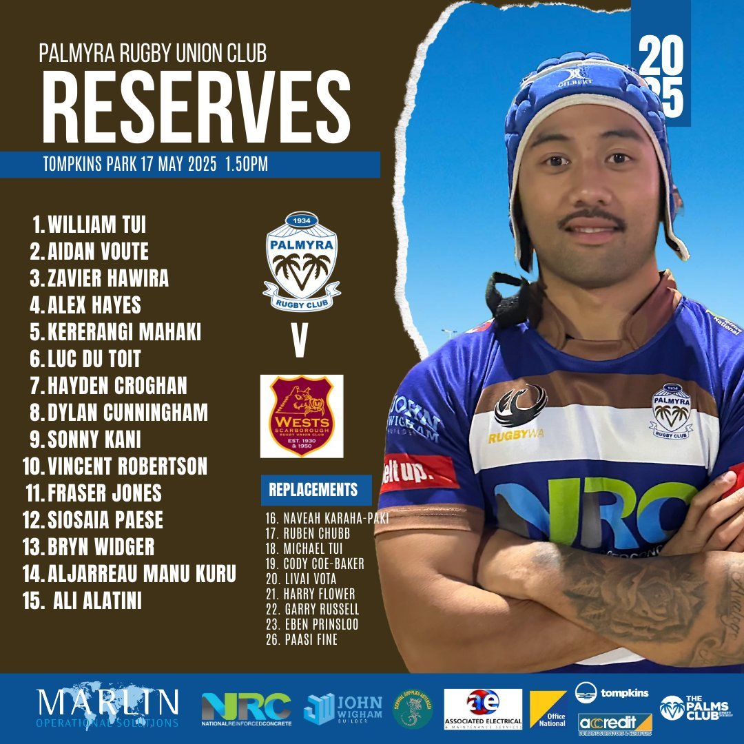 ROUND 6 SENIOR MENS COMP
🌴🌴 PALLY Reserve Grade V WESTS
⏰ Sat, May 17, 2025
📌 Tompkins Park
⏰ 1.50 PM
#palmyrarugbyunionclub #palmyracommunity
#pallycommunitysponsors #RugbyWA #pallystrong
#PalmyraReserveGrade25 #NRC #johnwighambuilders #surviva
