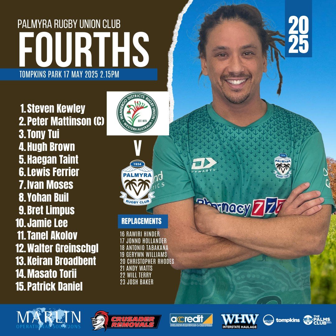 * UPDATED TIME AND PLACE*
PALLY FOURTH GRADE V WANNEROO
⏰ Sat, May 17, 2025
📌 Tompkins Park
⏰ 2.15 PM
🌴🌴🌴🌴 Fourth Grade V Wanneroo
#palmyrarugbyunionclub #palmyracommunity
#pallycommunitysponsors #RugbyWA #pallystrong
#PalmyraFourthGrdae25 #