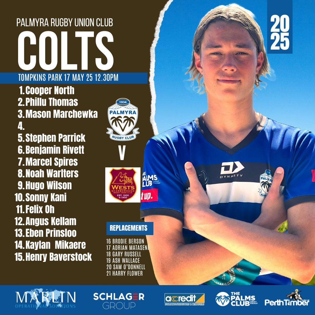 ROUND 6 SENIOR MENS COMP
PALLY BELT UP COLTS V WESTS
⏰ Sat, May 17, 2025
📌 Tompkins Park
⏰ 2.30 PM
#palmyrarugbyunionclub #palmyracommunity
#pallycommunitysponsors #RugbyWA #pallystrong
#palmyracolts25 #marlinoperational #schlagergroup #accredit #