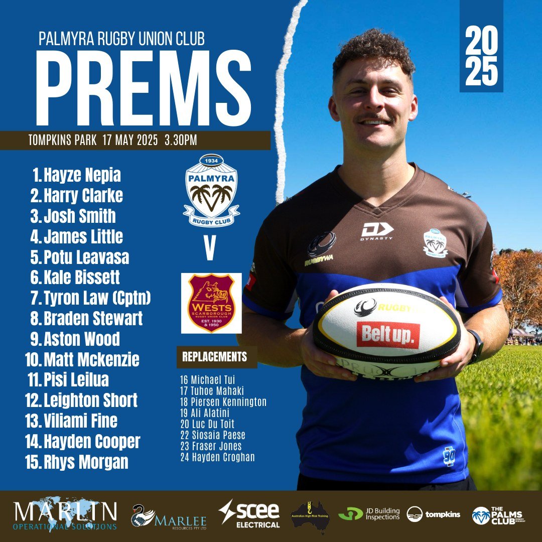 ROUND 6 SENIOR MENS COMP
🌴 PALLY PREMIER GRADE V WESTS
⏰ Sat, May 17, 2025
📌 Tompkins Park
⏰ 3:30 PM
#palmyrarugbyunionclub #palmyracommunity
#pallycommunitysponsors #RugbyWA #pallystrong
#PalmyraPremierGrade25 #marlinoperational #sceeelectrical
