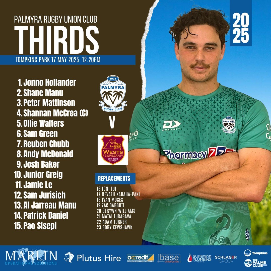 ROUND 6 SENIOR MENS COMP
🌴🌴🌴 PALLY Third Grade V WESTS
⏰ Sat, May 17, 2025
📌 Tompkins Park
⏰ 12.20 PM
#palmyrarugbyunionclub #palmyracommunity
#pallycommunitysponsors #RugbyWA #pallystrong
#PalmyraThirdGrade25 #plutushire #accredit #basecons