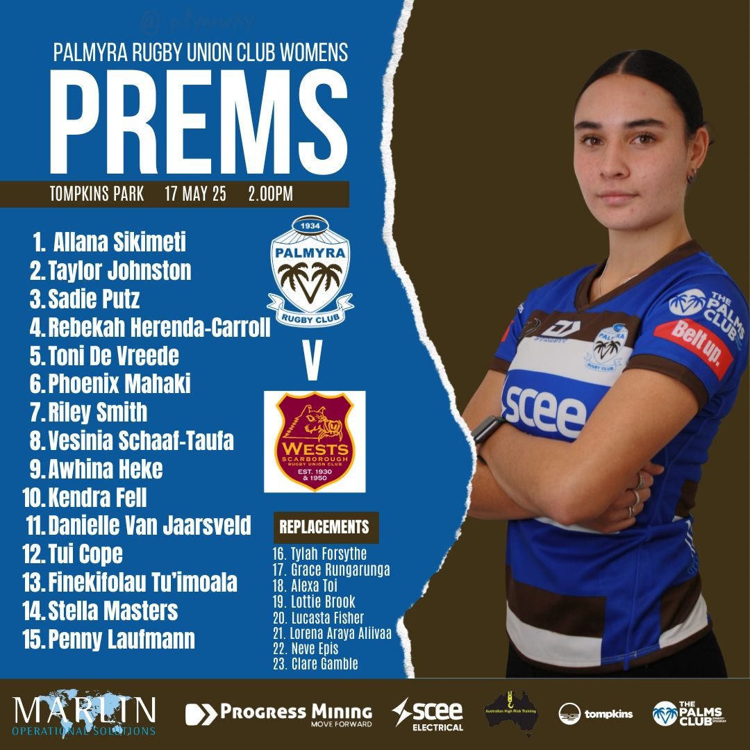 ROUND 3 SENIOR WOMENS COMP
PALLY V WESTS
🌴Premier Grade Women 2:00 PM
⏰ Sat, May 17, 2025
📌 Tompkins Park
#palmyrarugbyunionclub #palmyracommunity
#pallycommunitysponsors #RugbyWA #pallystrong #Tompkins #palmsclub #GageRoads
#PalmyraWomensPremier