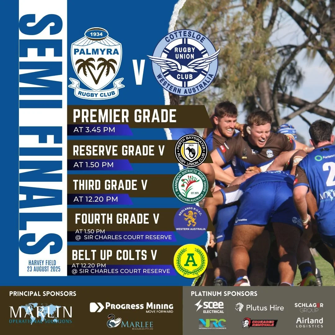 🏆RUGBY WA 2025 SENIOR MENS SEMI FINALS🏆
Cottesloe Premier Grade vs Palmyra Premier Grade🌴
* Time Sat, Aug 23, 2025, 3:45 PM
* Location Harvey Field 1
Palmyra Reserve Grade🌴🌴 vs Perth Bayswater Reserve Grade
* Time Sat, Aug 23, 2025, 1:50 PM
*