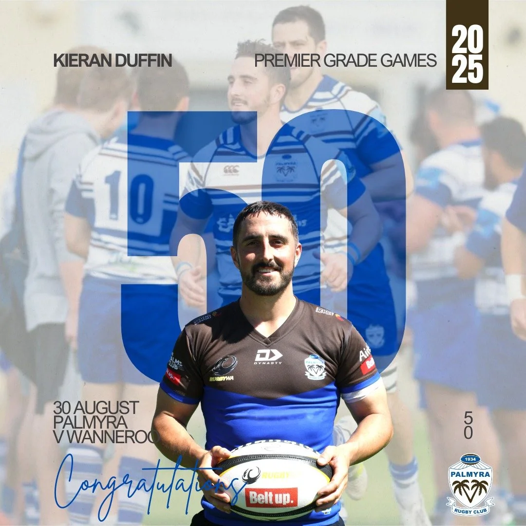 CONGRATULATIONS
🌴🤎💙 Kieran Duffin 🤎💙🌴
50 Premier Grade Games
30 August 2025
#gopally🌴🏉 #RugbyWAGrandFinals2025 #PalmyraPremierGrade25 #Pally50PremGames #pallycommunitysponsors #pallysponsors #pallycommunity #palmyrarugbyclub #upthepalms🌴?