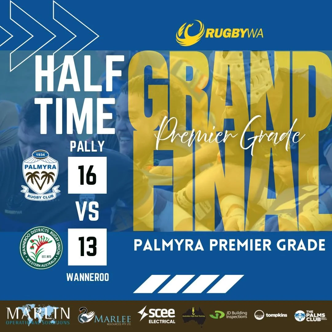 Premier Grade Half Time Score!
Pally 16- Wanneroo 13
LET’S GO PALLY🌴💙🤎
#rugbywagrandfinals2025
#palmyrarugbyunionclub #palmyracommunity
#pallycommunitysponsors #RugbyWA #pallystrong
#PalmyraPremierGrade25 #marlinoperational #sceeelec