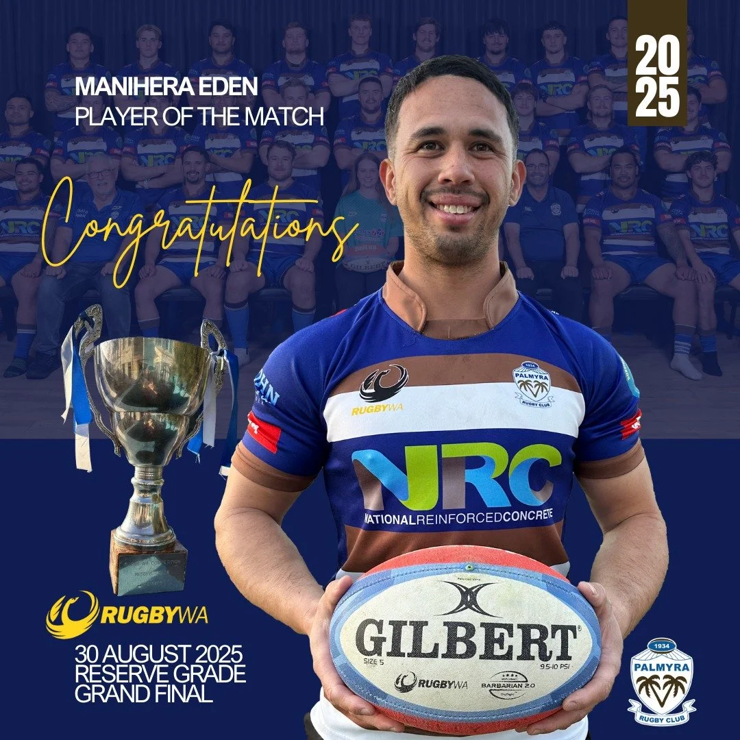 CONGRATULATIONS
2025 Reserve Grade Grand Final– Player of the Match
💙🤎 🌴 Manihera Eden 🌴🤎🤎
#rugbywagrandfinals2025 #RugbyWAPlayeroftheMatch2025
#palmyracommunity #pallycommunitysponsors #RugbyWA #pallystrong 🌴💪🏉
#palmyrarugbyunionc
