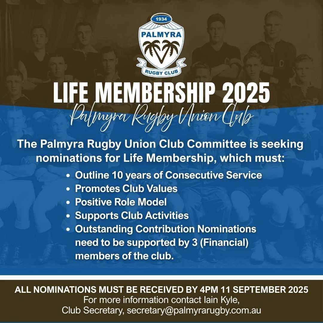 The Palmyra Rugby Union Club Committee is seeking nominations for
2025 Life Membership, which must:
💙 Outline 10 years of Consecutive Service
🤎 Promotes Club Values
💙 Positive Role Model
🤎 Supports Club Activities
💙 Outstanding Contribution Nom